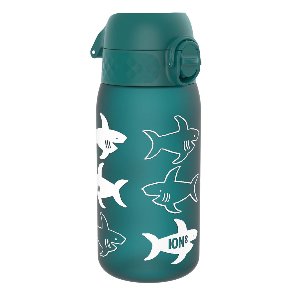 ION8 Recyclon leak-proof kids water bottle with shark design, 350ml (12oz), recyclable plastic, suitable for children.