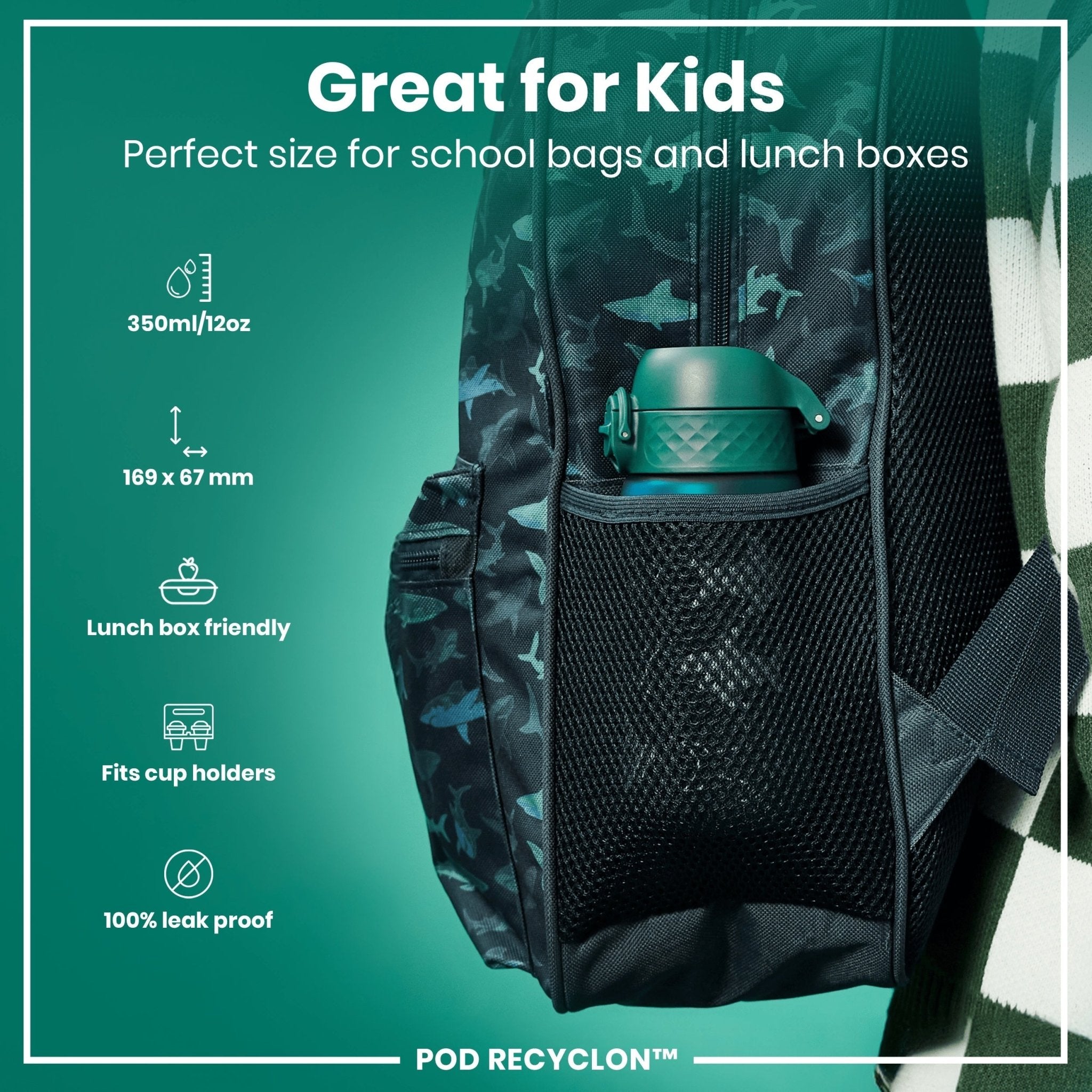 ION8 Recyclon leak-proof kids water bottle with shark design, 350ml (12oz) reusable water bottle for children