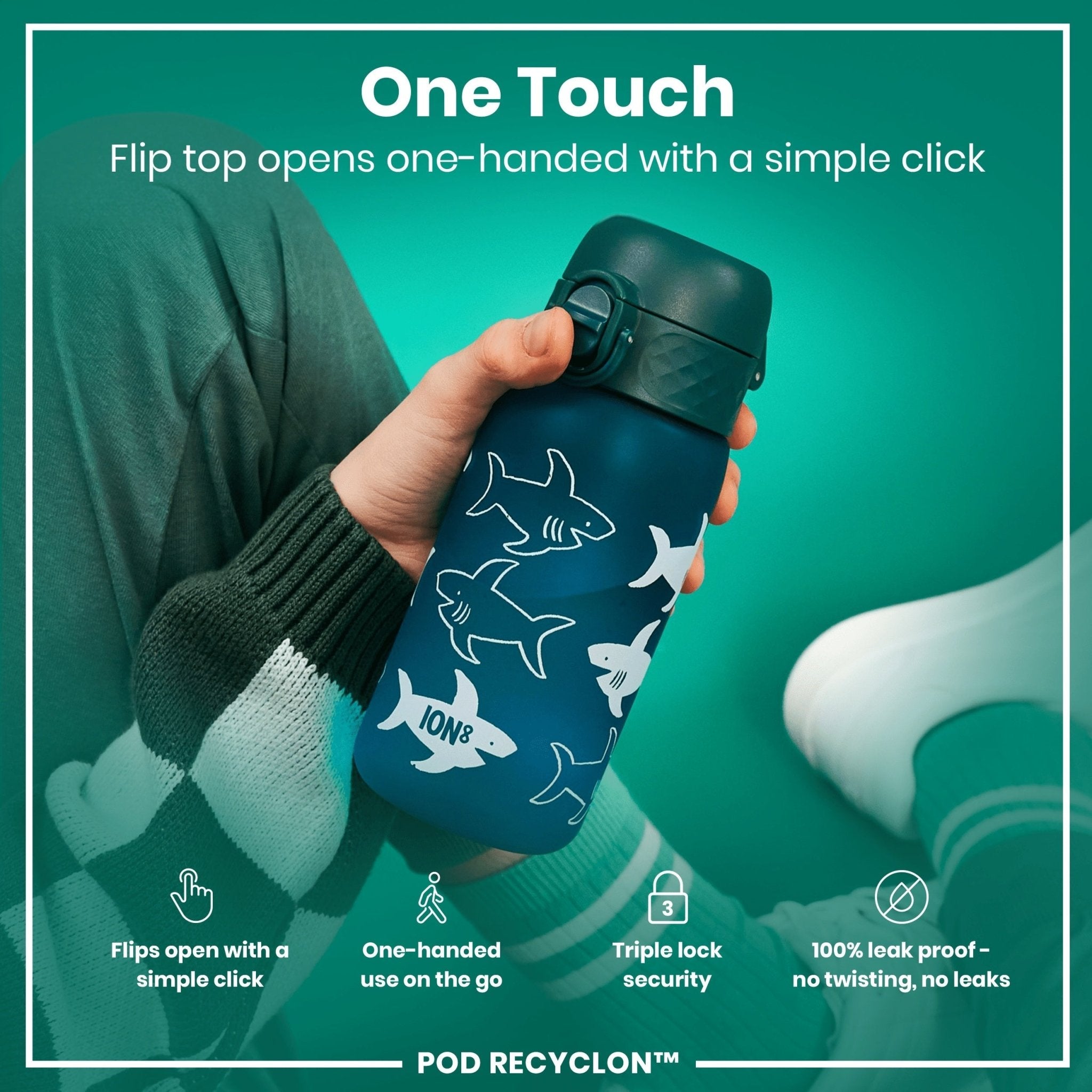 Recyclon leak-proof kids water bottle by ION8 featuring a fun shark design, 350ml (12oz) capacity, ideal for children.