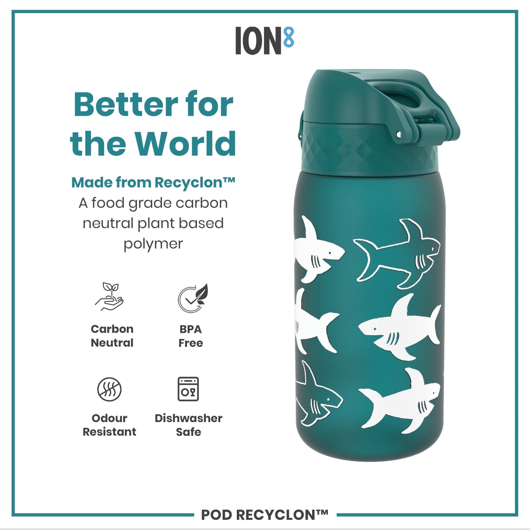 Recyclon Leak Proof Kids Water Bottle by ION8 featuring a shark design, 350ml (12oz) capacity, with secure lid and colorful graphics.