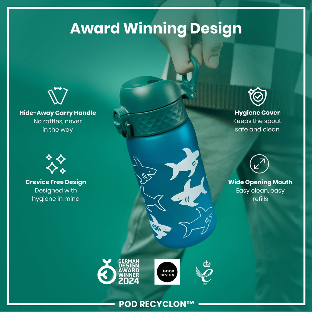ION8 Recyclon leak proof kids water bottle with shark design, 350ml capacity, made from recyclable materials.