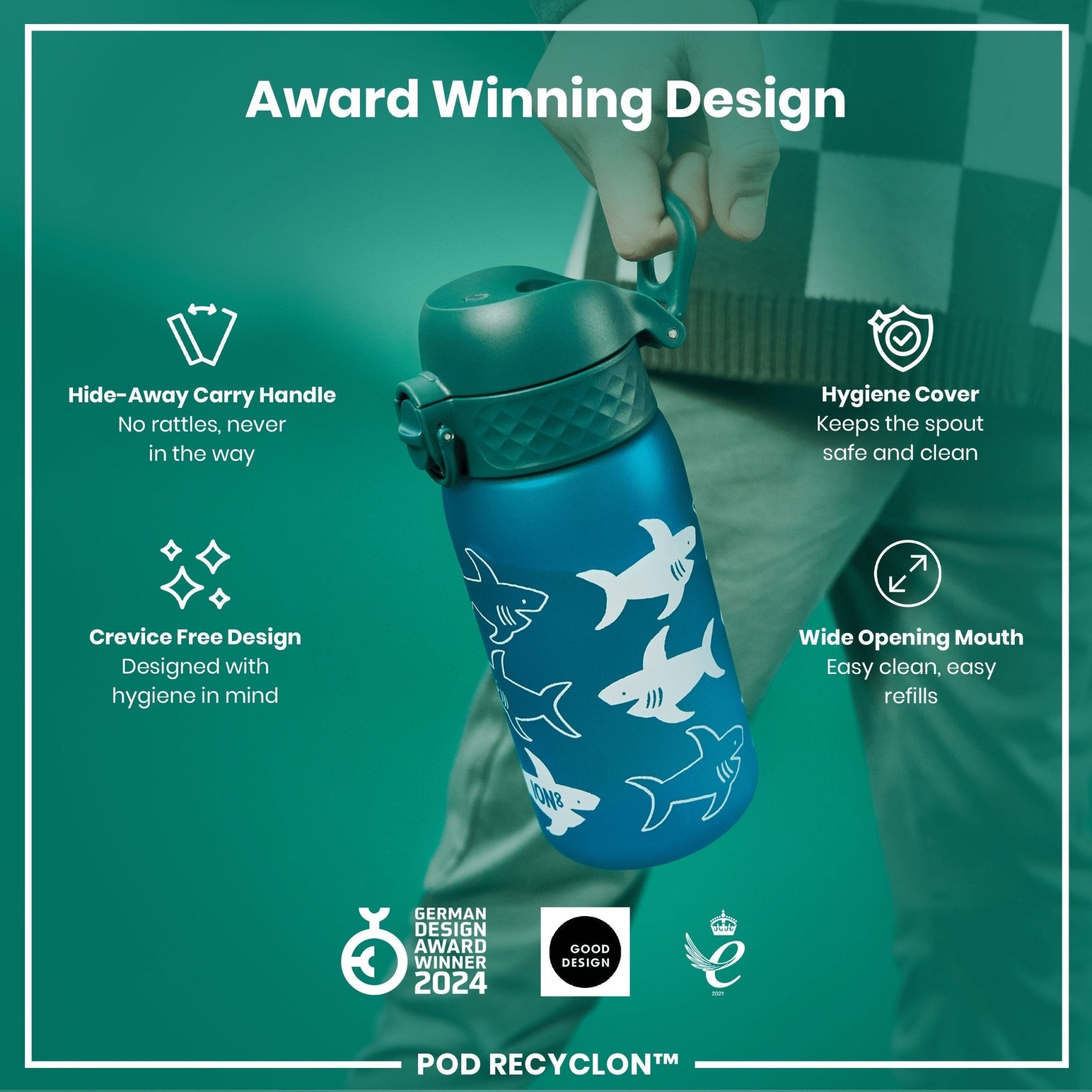 ION8 Recyclon leak proof kids water bottle with shark design, 350ml capacity, made from recyclable materials.