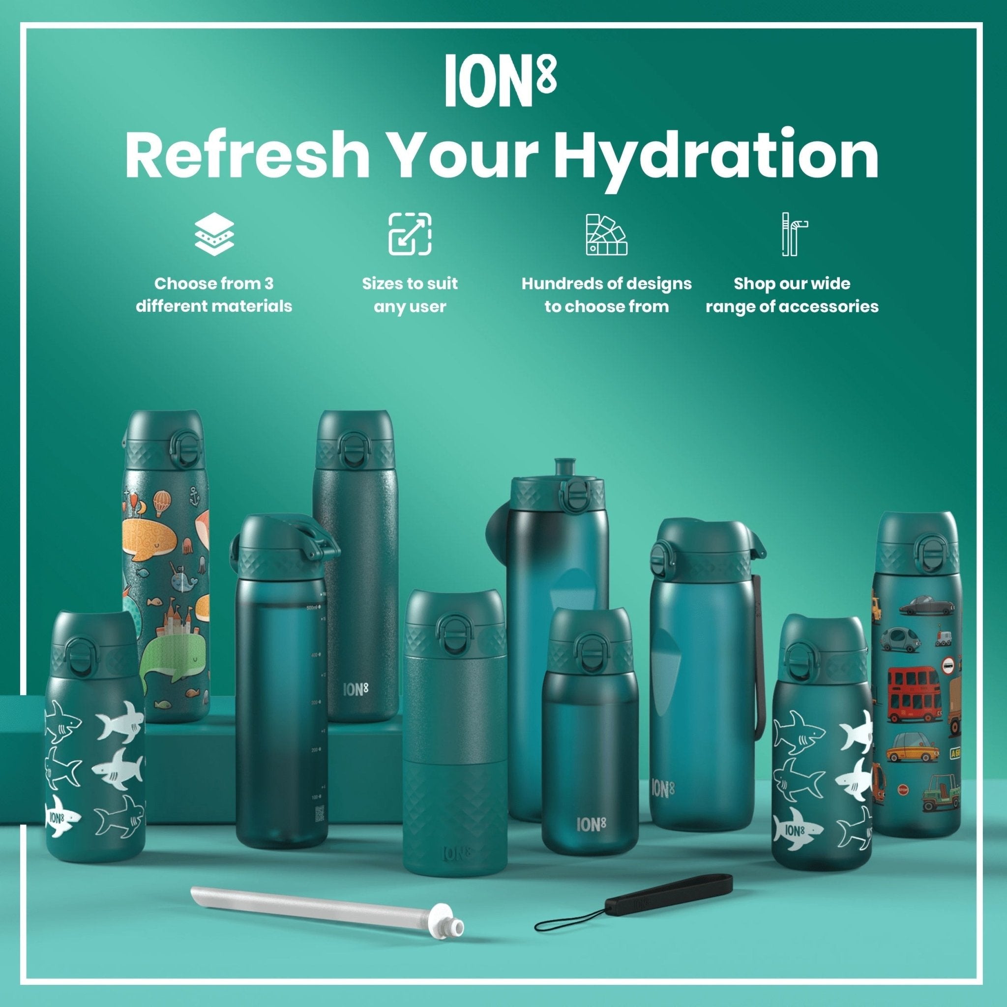 Recyclon ION8 leak-proof kids water bottle with shark design, 350ml (12oz), made for easy drinking and spill prevention.