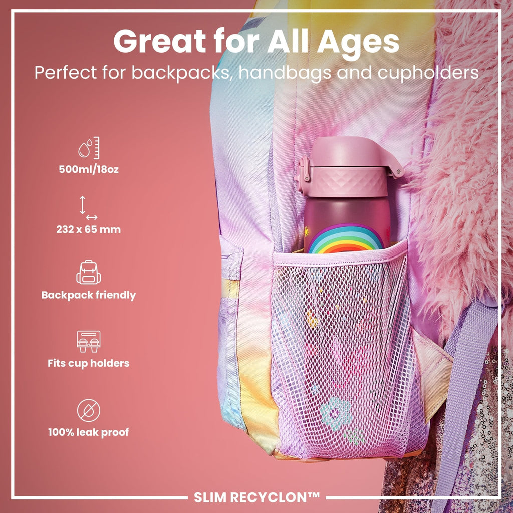 Recyclon Leak Proof Slim Water Bottle by ION8 with unicorns design, 500ml (18oz), showing the colorful bottle with unicorn illustrations.