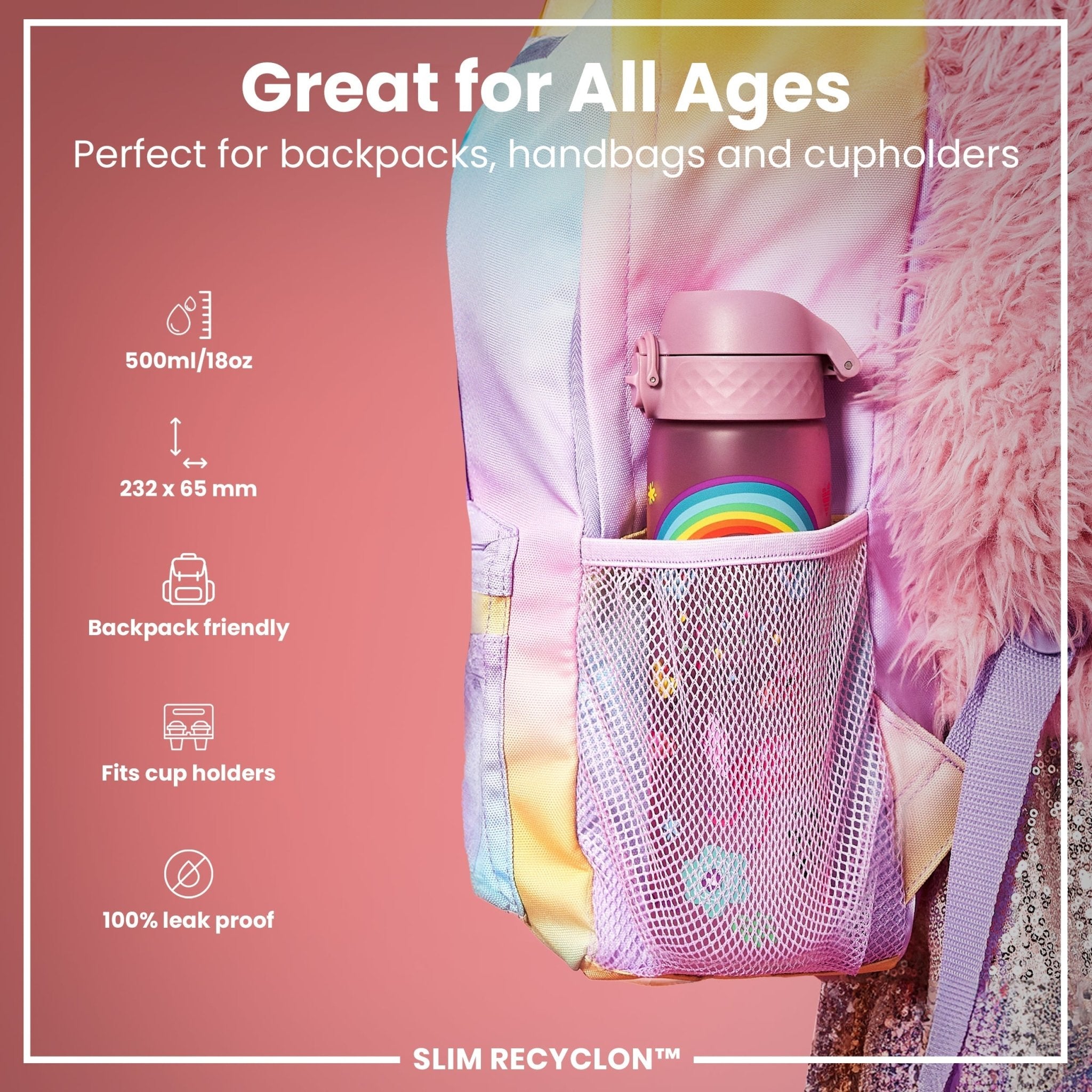 Recyclon Leak Proof Slim Water Bottle by ION8 with unicorns design, 500ml (18oz), showing the colorful bottle with unicorn illustrations.