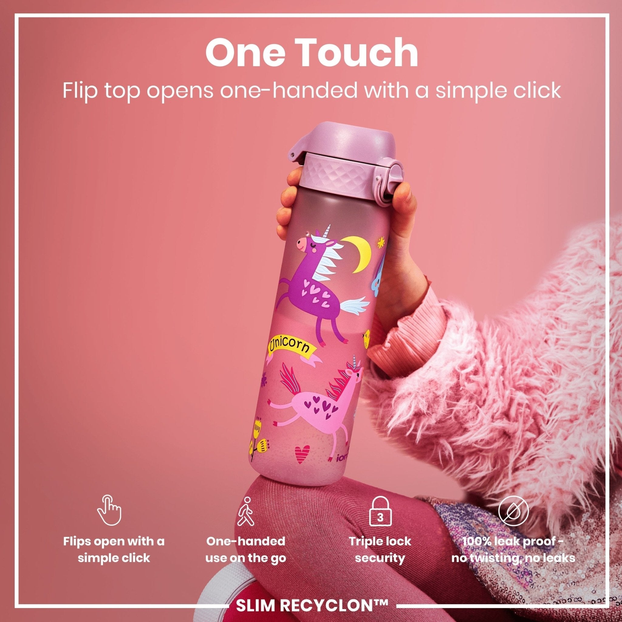 ION8 Recyclon leak-proof slim water bottle with unicorns design, 500ml (18oz), durable and reusable for everyday hydration.