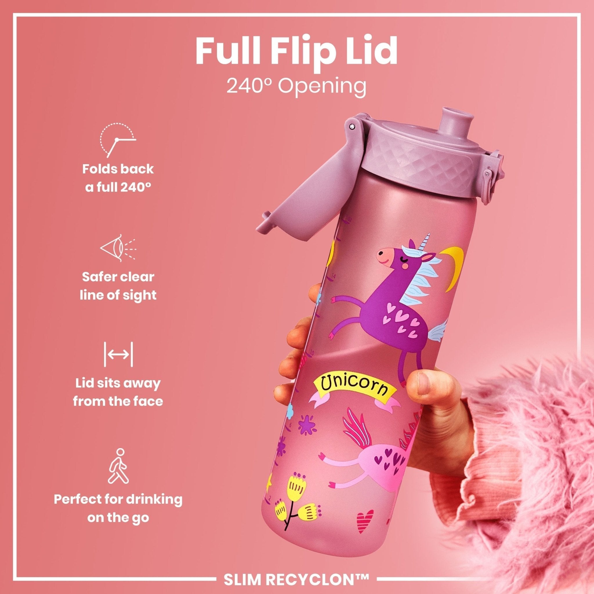 Recyclon ION8 leak-proof slim water bottle with unicorn design, 500ml (18oz), made of recyclable materials, filled with water.