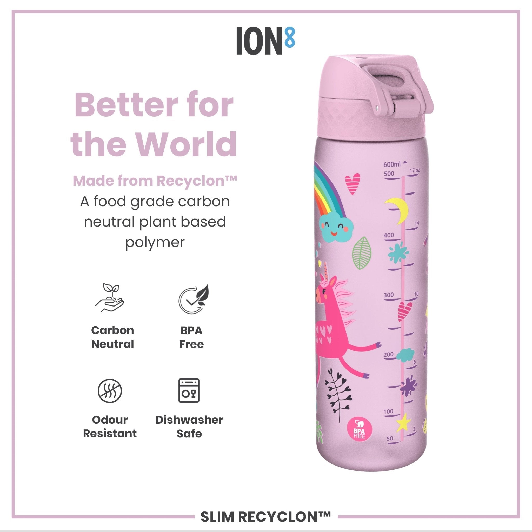 Recyclon Leak Proof Slim Water Bottle by ION8 with unicorn design, 500ml (18oz) capacity, made of recyclable materials.