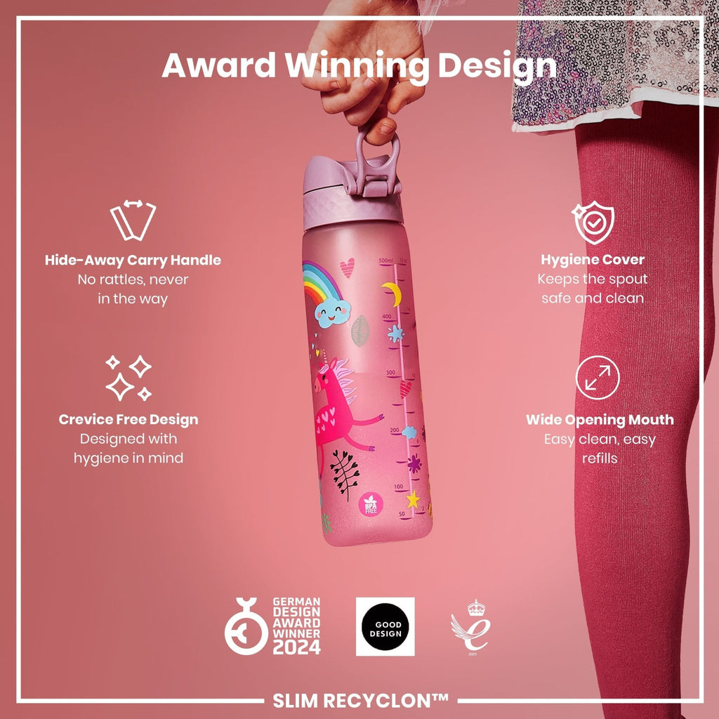 Recyclon ION8 leak-proof slim water bottle with unicorn design, 500ml (18oz) capacity, made of recyclable materials.
