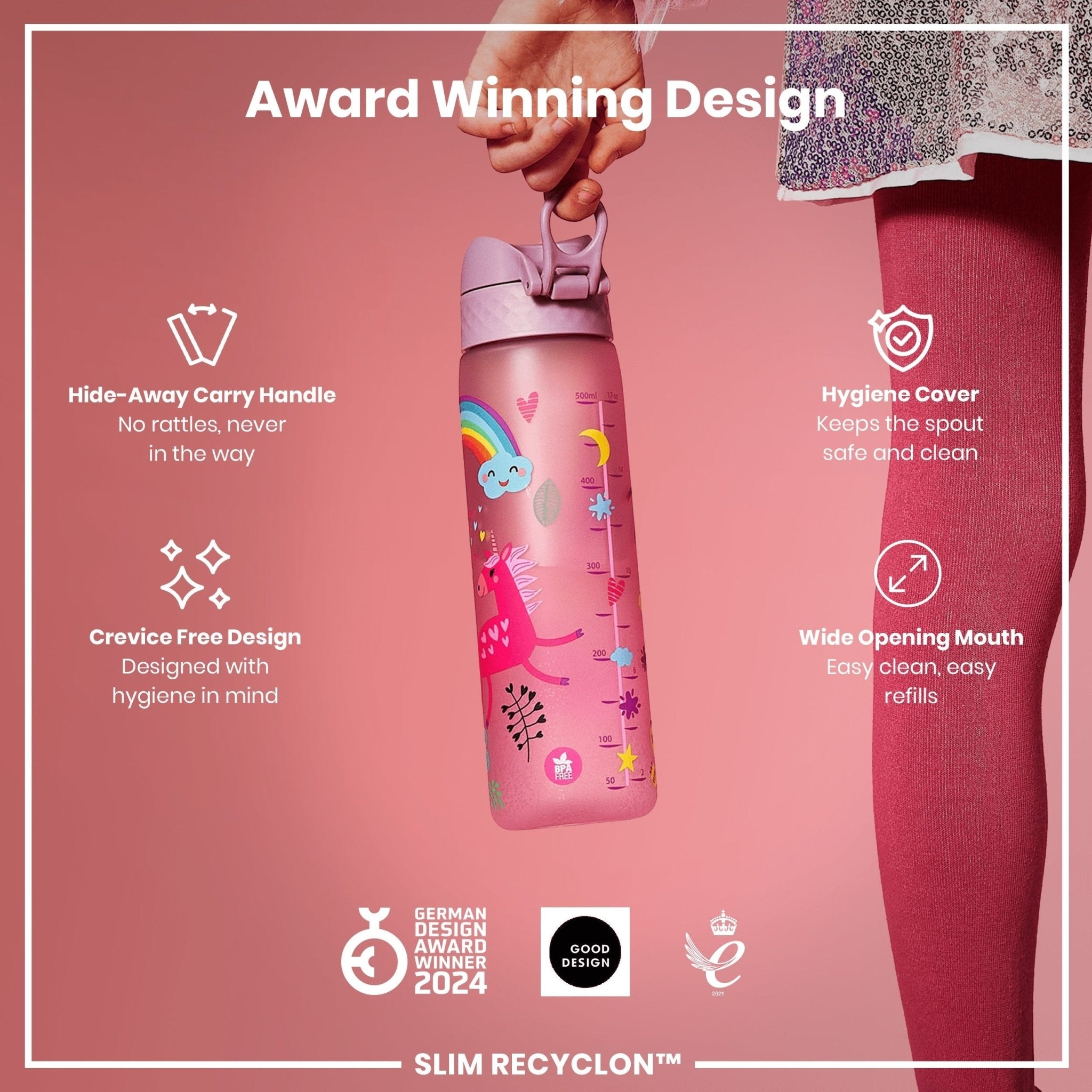 Recyclon ION8 leak-proof slim water bottle with unicorn design, 500ml (18oz) capacity, made of recyclable materials.