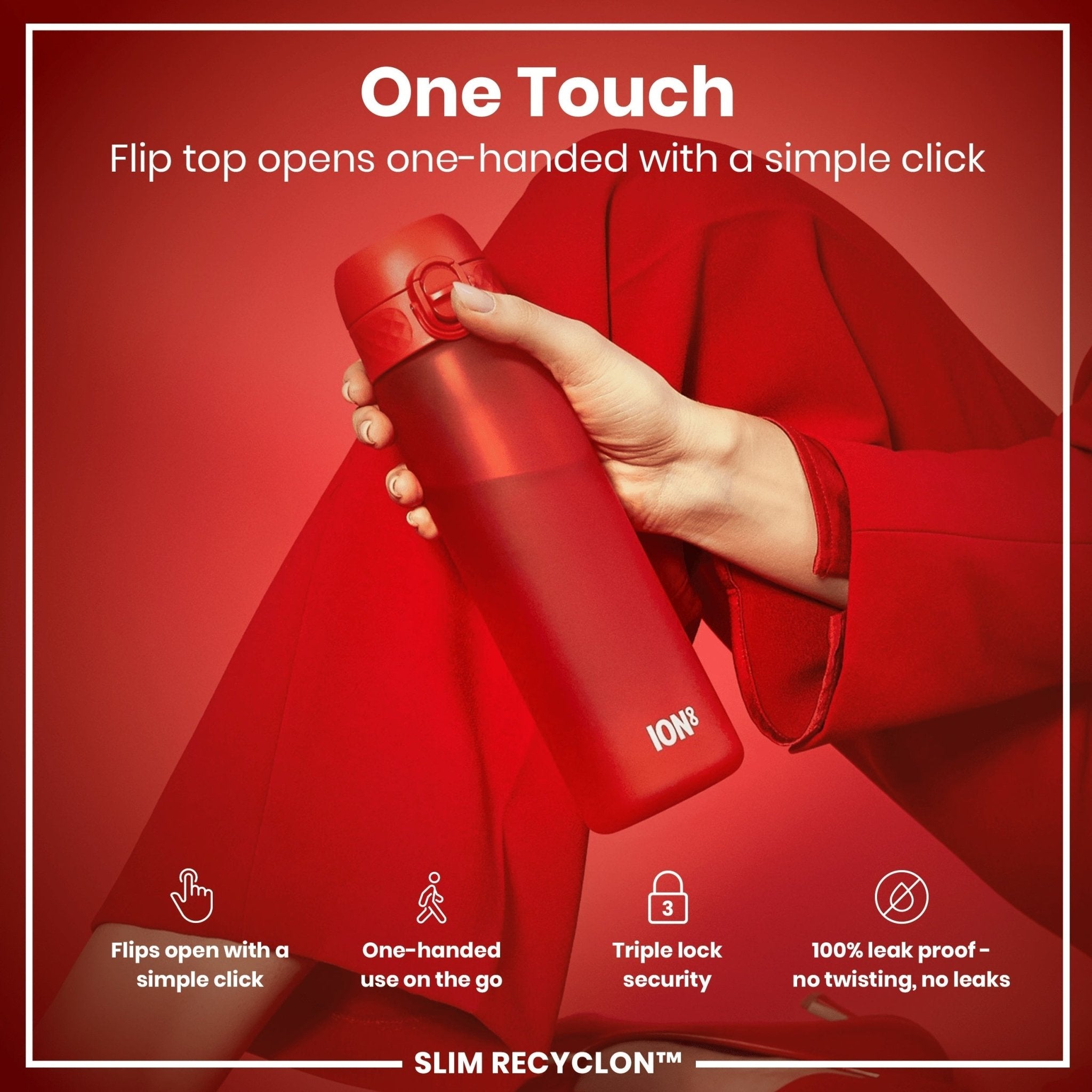 Red ION8 Leak Proof Slim Water Bottle, 500ml Recyclon water bottle with secure lid and sleek design.