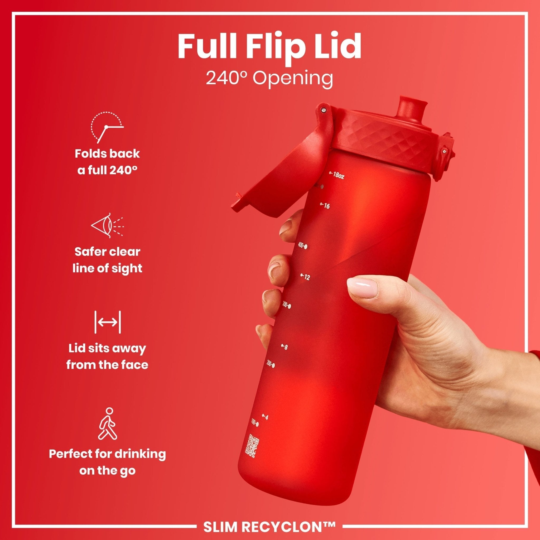 Red ION8 Leak Proof Slim Water Bottle, 500ml Recyclon water bottle with secure lid and sleek design, suitable for hydration on the go.