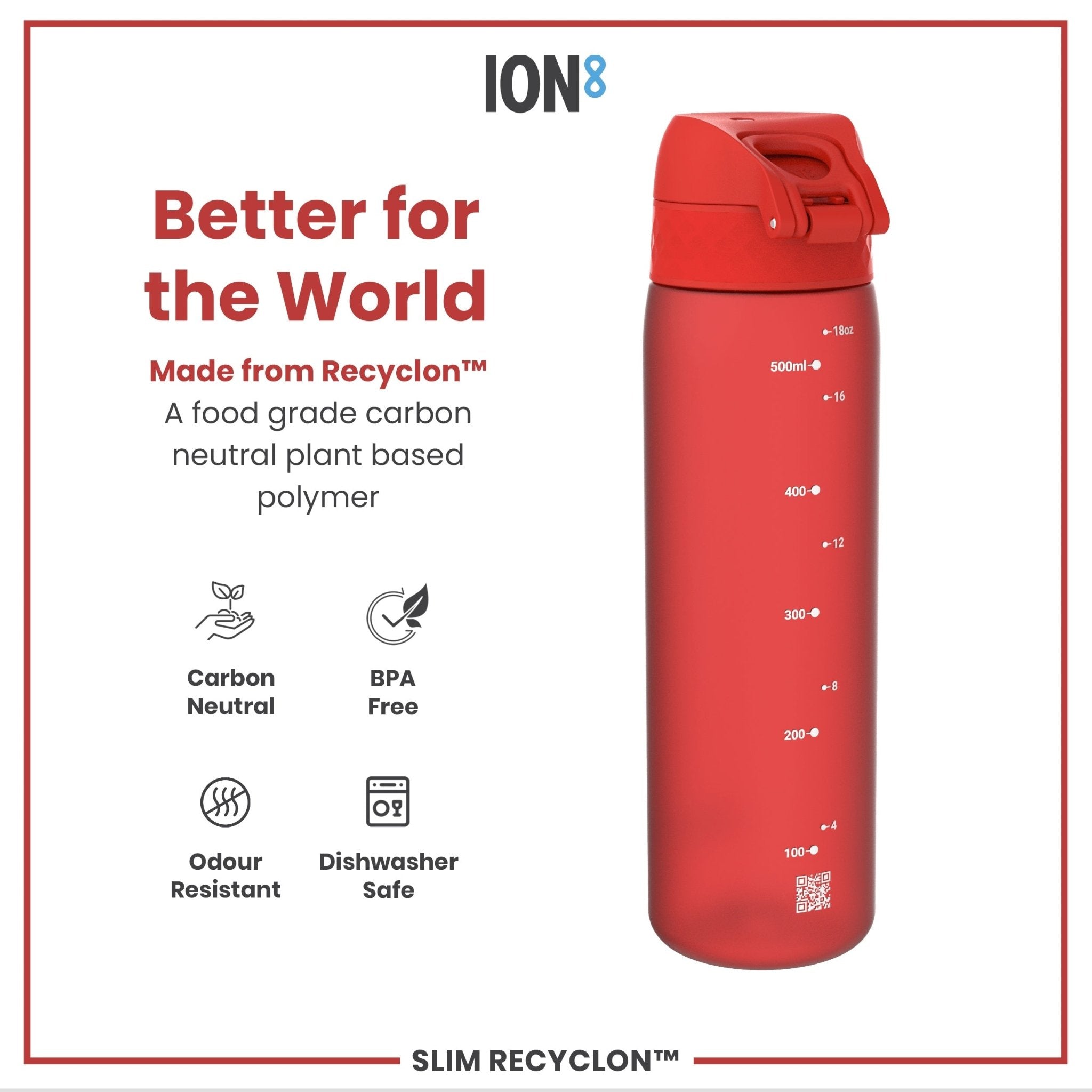 Red ION8 Leak Proof Slim Water Bottle, 500ml Recyclon water bottle with secure lid and sleek design.
