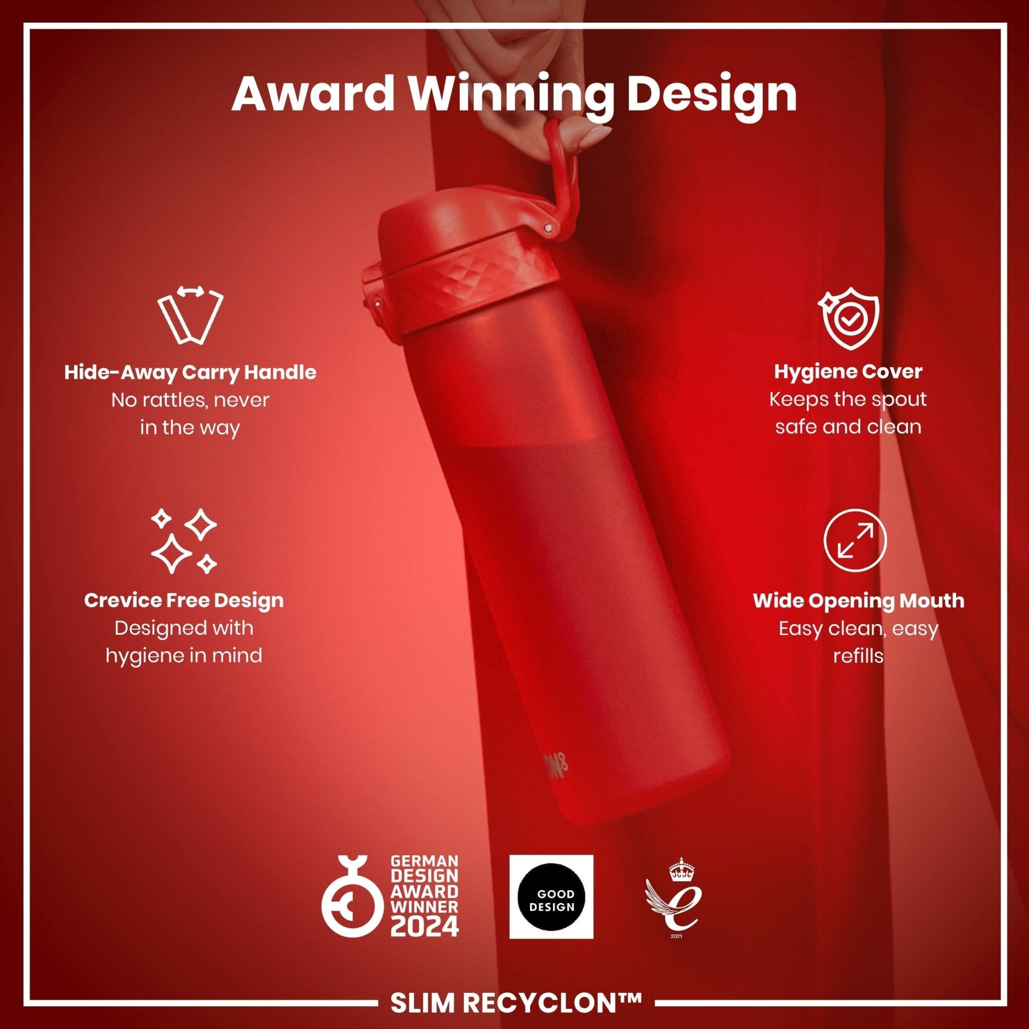 Red ION8 Recyclon leak-proof slim water bottle, 500ml (18oz), durable and recyclable with a sleek design for on-the-go hydration.