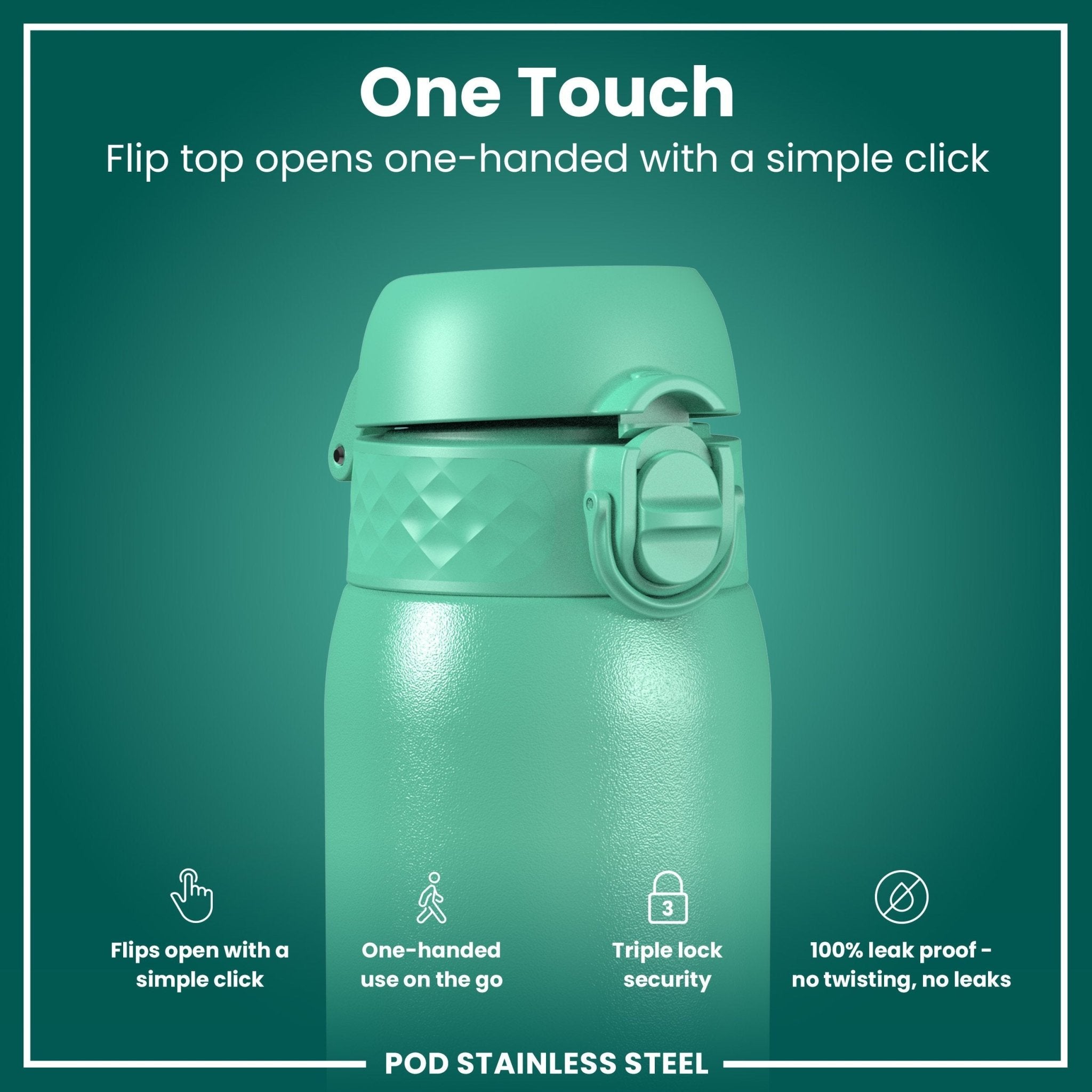 Ion8 leak-proof kids water bottle in teal, stainless steel, 400ml capacity, with a secure lid and ergonomic design.