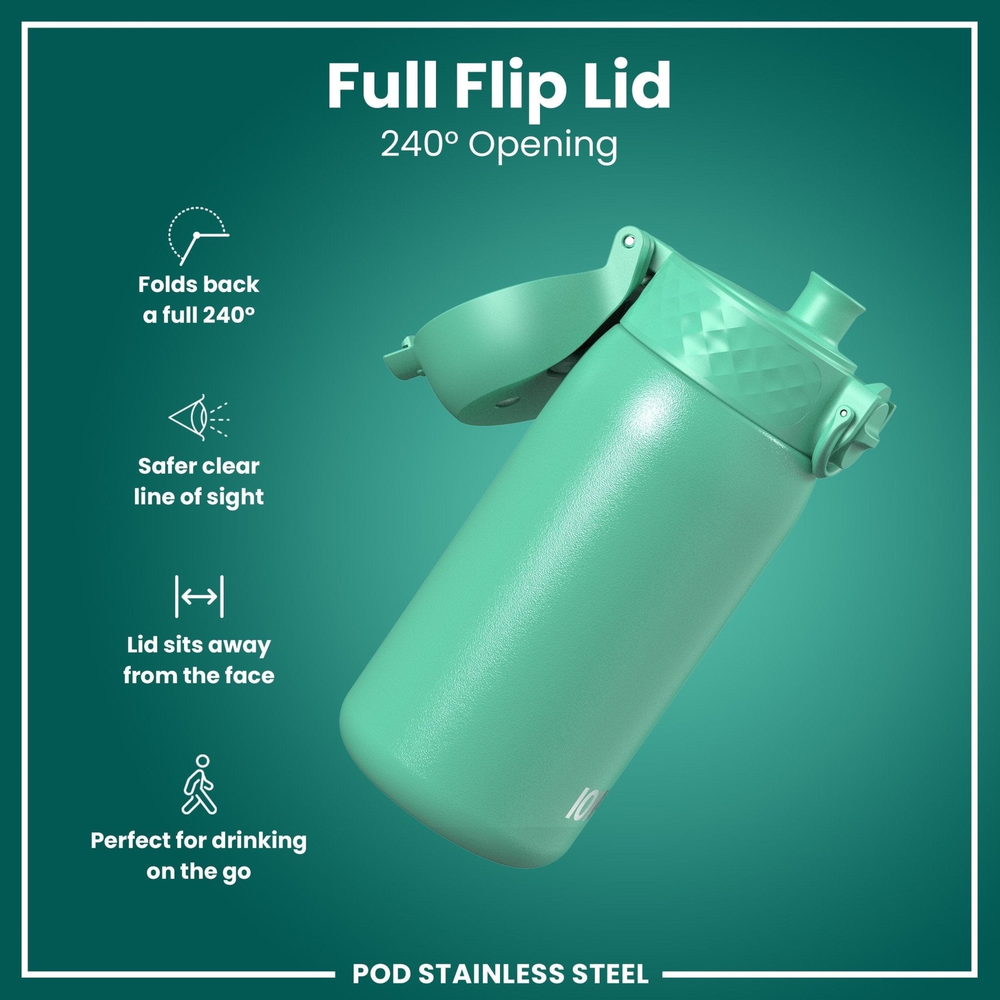 Stainless steel leak-proof kids water bottle in teal color with 400ml capacity from ION8, featuring a secure lid and compact design.