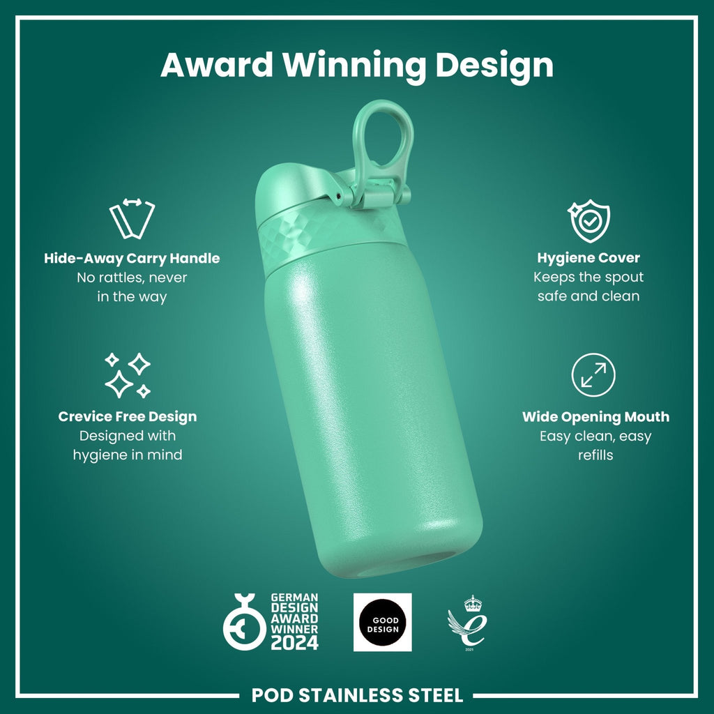 Leak-proof stainless steel kids water bottle in teal with 400ml capacity from ION8, featuring a secure lid and durable design.