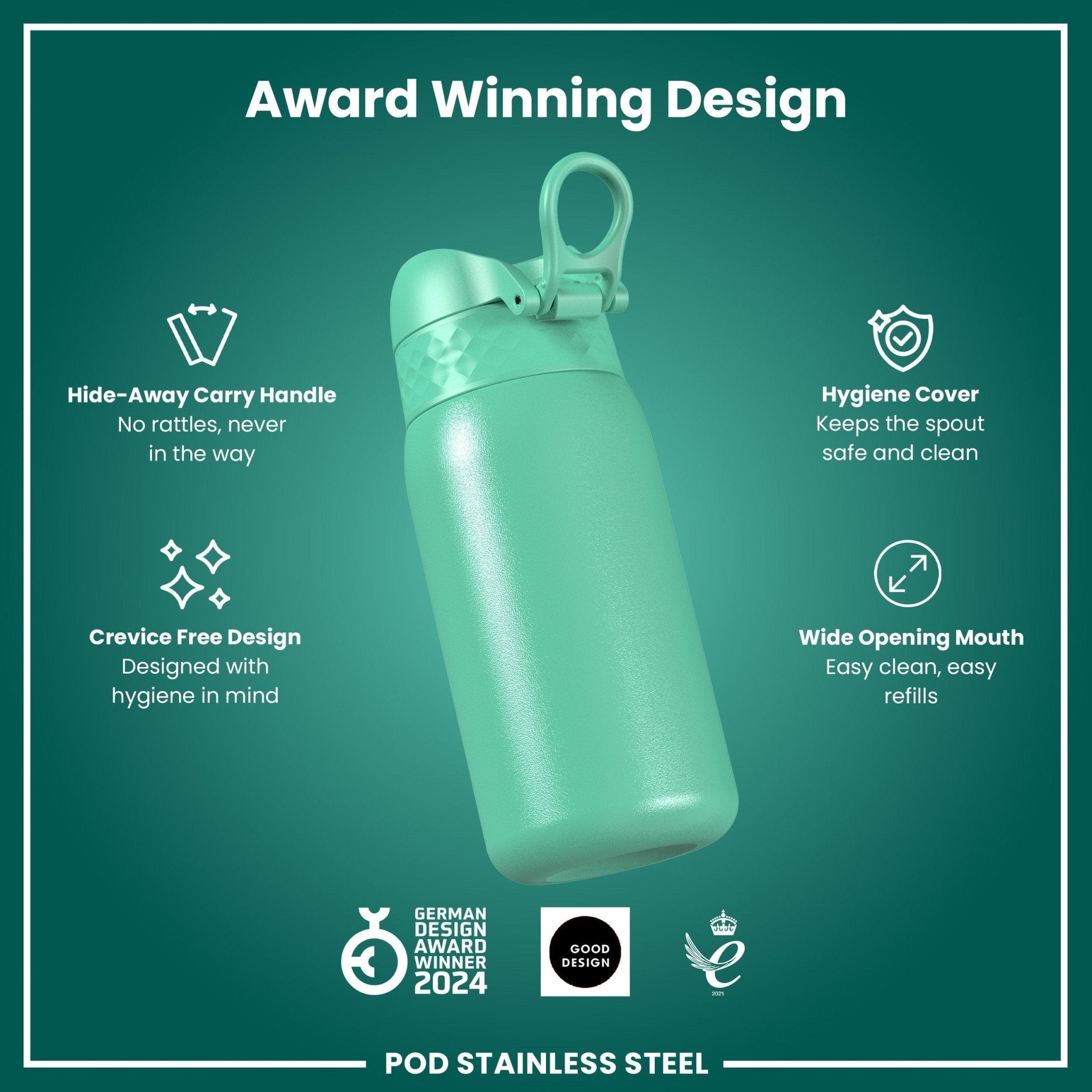 Leak-proof stainless steel kids water bottle in teal with 400ml capacity from ION8, featuring a secure lid and durable design.