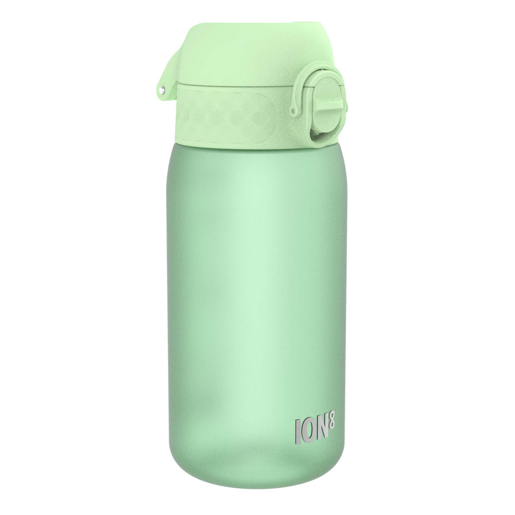 Ion8 leak-proof kids water bottle in surf green, 350ml Recyclon design with a secure lid and colorful eco-friendly appearance.