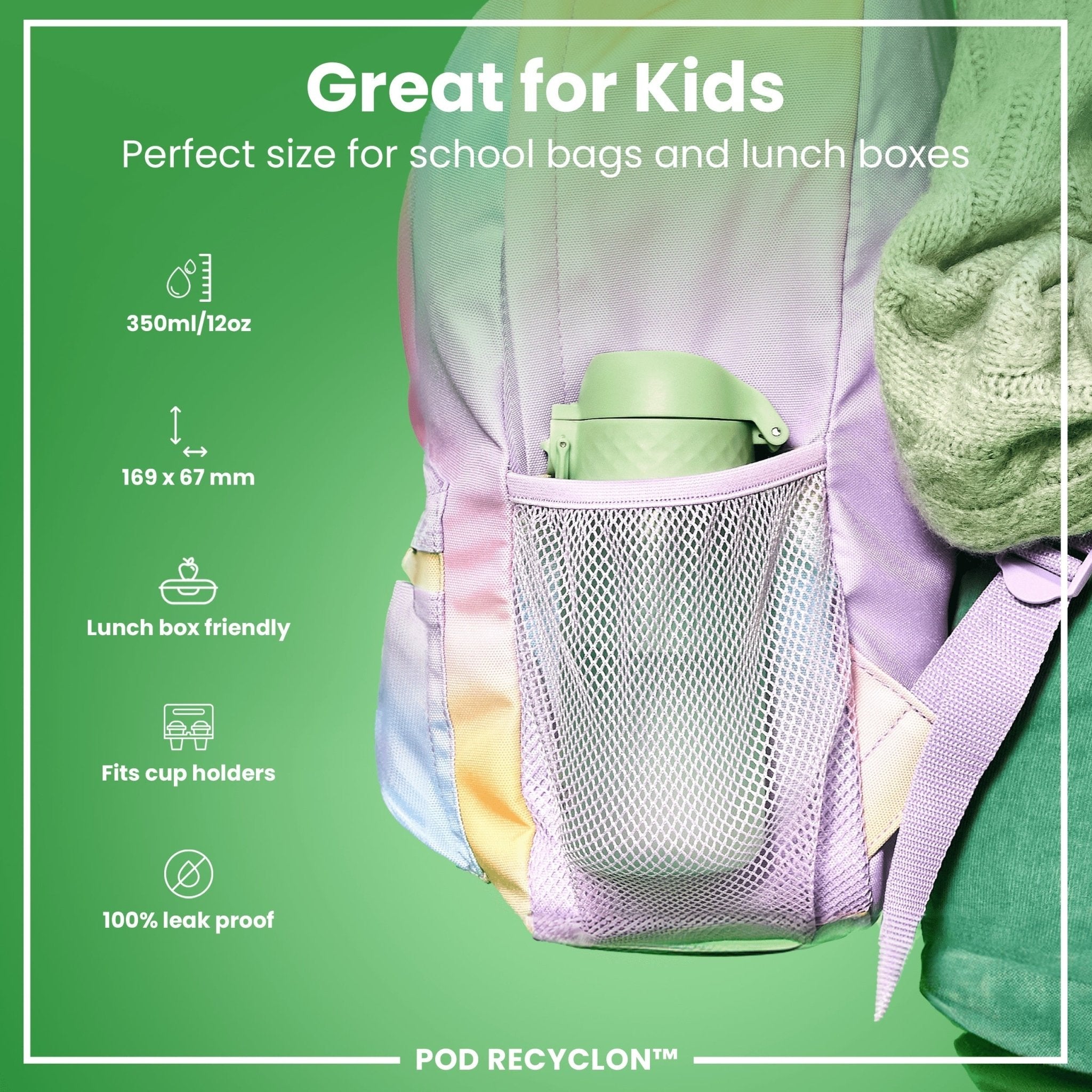 Recyclon ION8 leak-proof kids water bottle in surf green, 350ml (12oz), with a child-friendly design and secure lid.