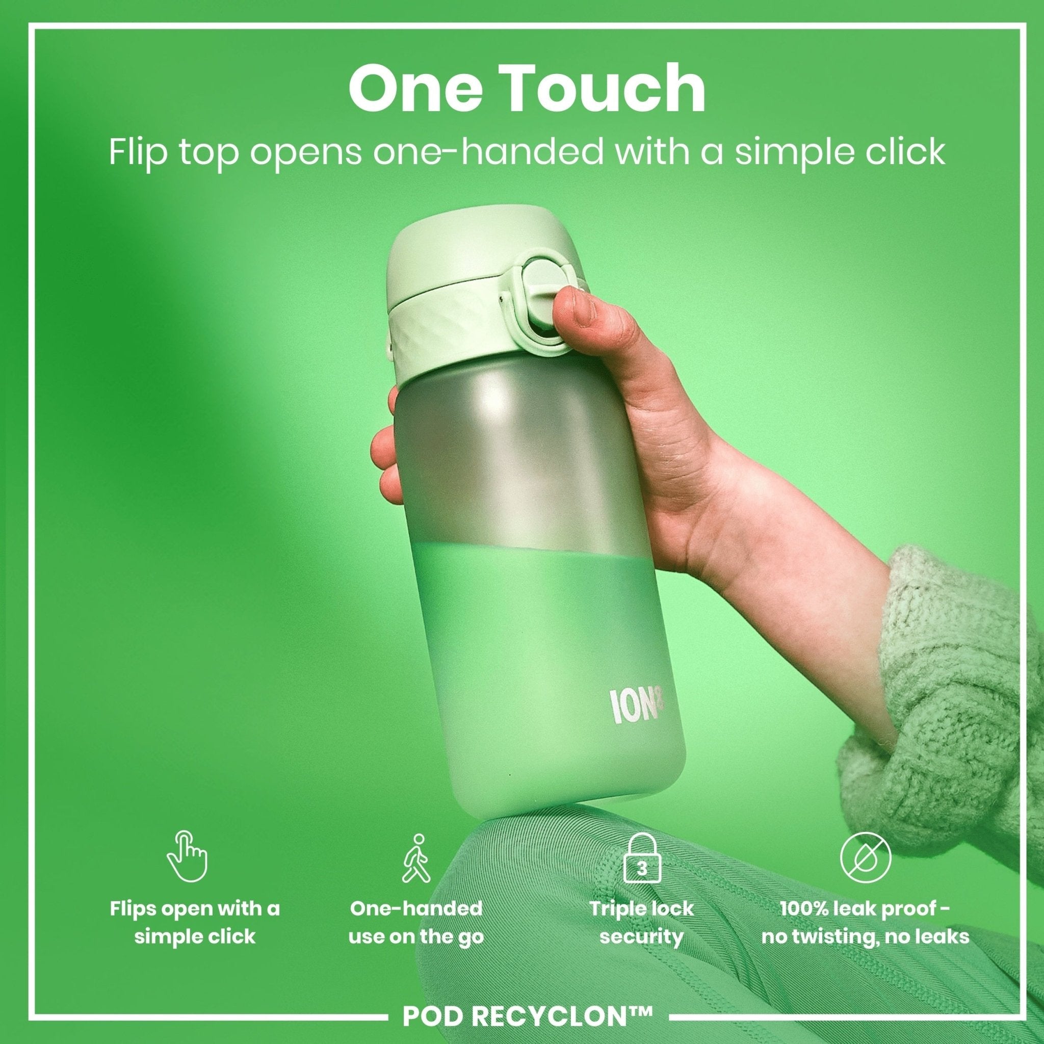 ION8 Recyclon Leak Proof Kids Water Bottle in Surf Green, 350ml, with durable design and secure lid for active children.