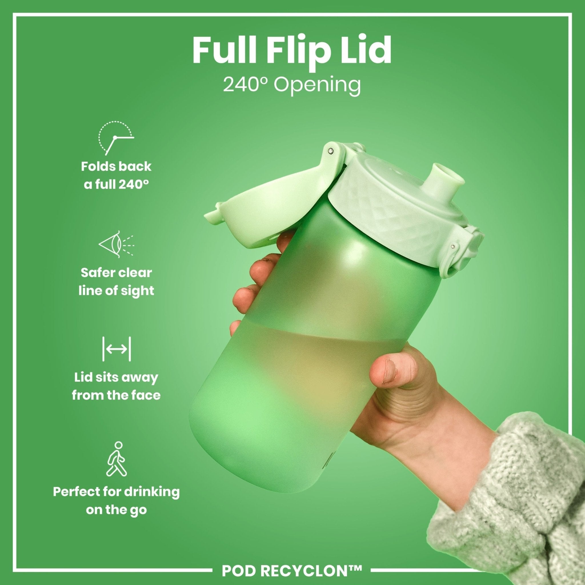 Recyclon ION8 leak-proof kids water bottle in surf green, 350ml (12oz), featuring a secure lid and durable design.