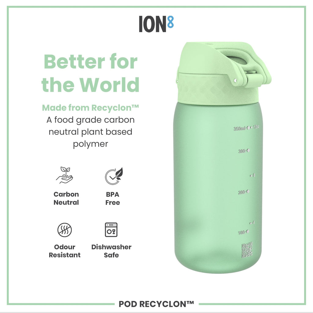 Ion8 Recyclon leak-proof kids water bottle in surf green, 350ml (12oz), with a secure lid and durable design for children.