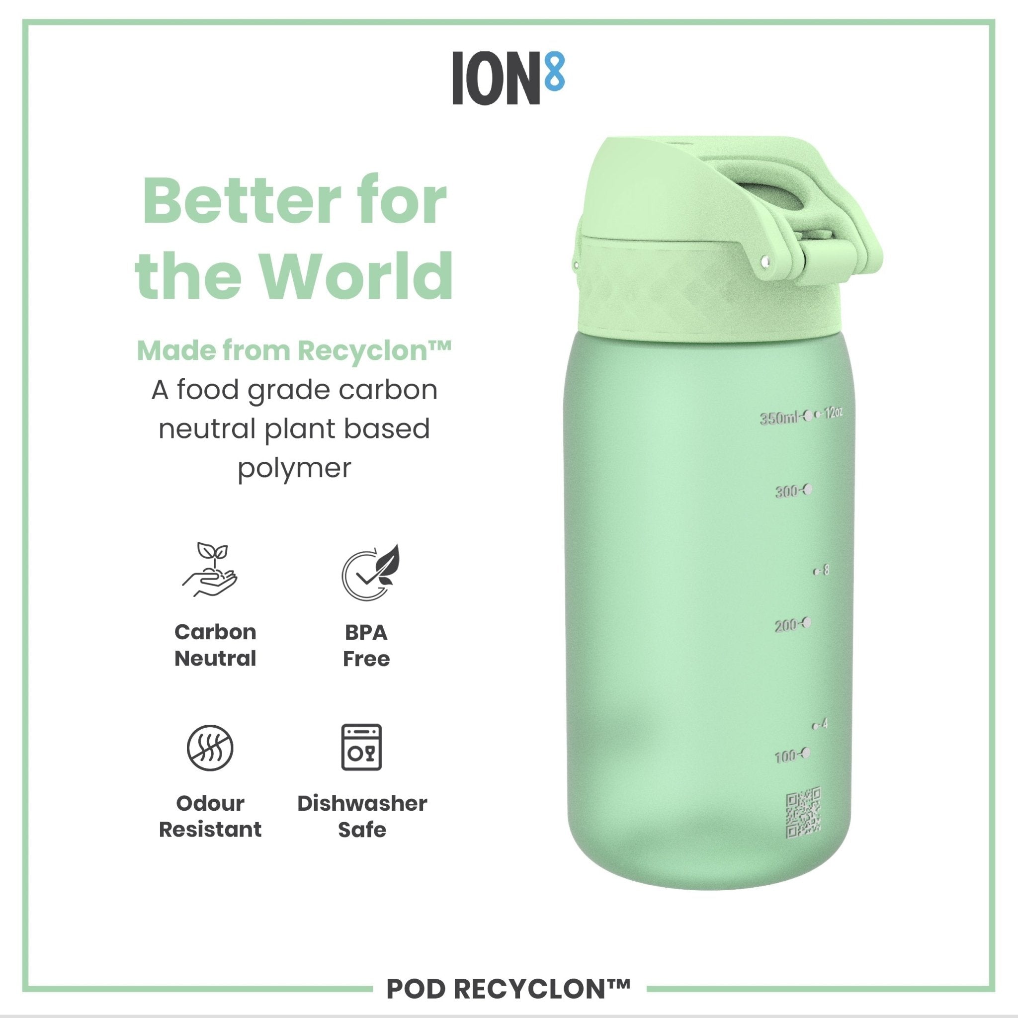 Ion8 Recyclon leak-proof kids water bottle in surf green, 350ml (12oz), with a secure lid and durable design for children.