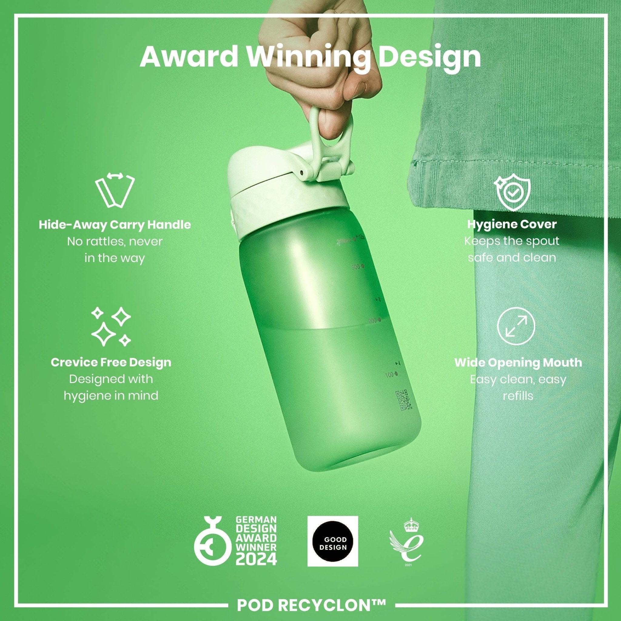 Recyclon leak-proof kids water bottle in surf green by ION8, 350ml (12oz), with a reusable design and secure lid.