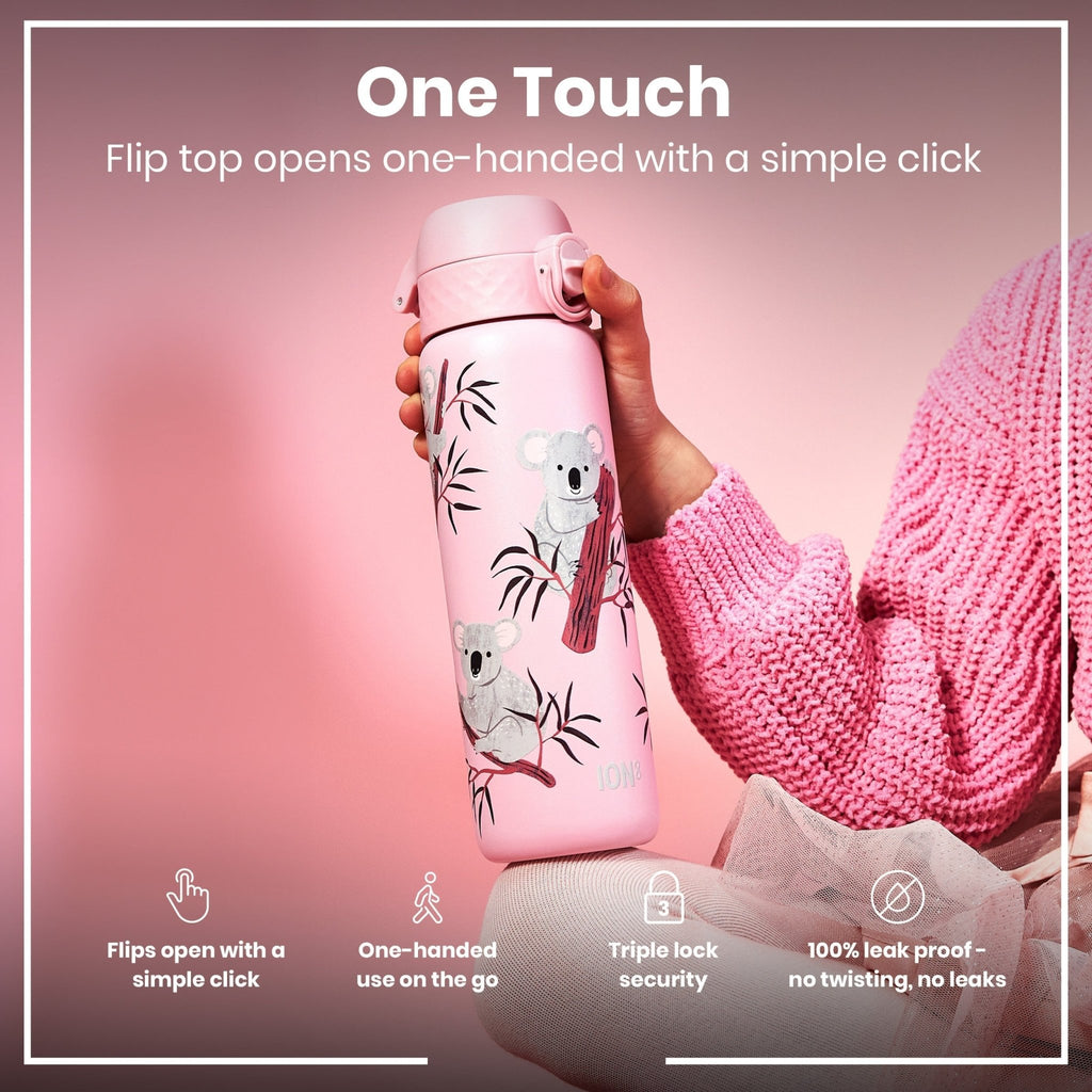 ION8 leak-proof slim thermal steel water bottle with koala design, 500ml insulated water bottle for hot and cold drinks.