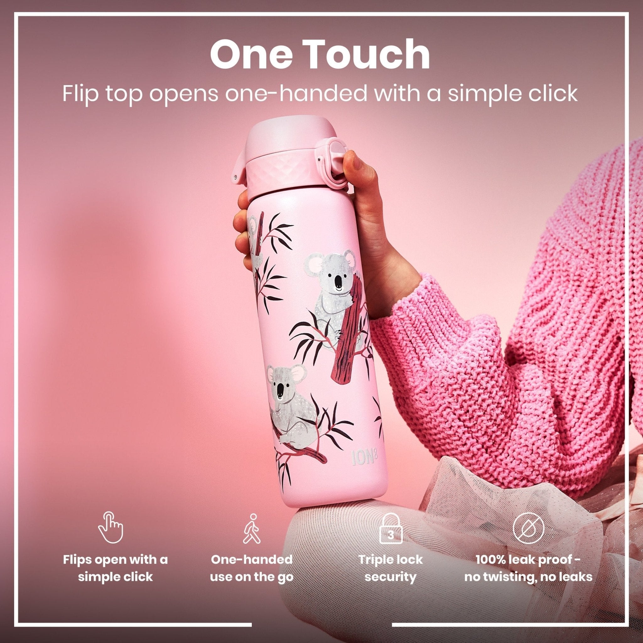 ION8 leak-proof slim thermal steel water bottle with koala design, 500ml insulated water bottle for hot and cold drinks.