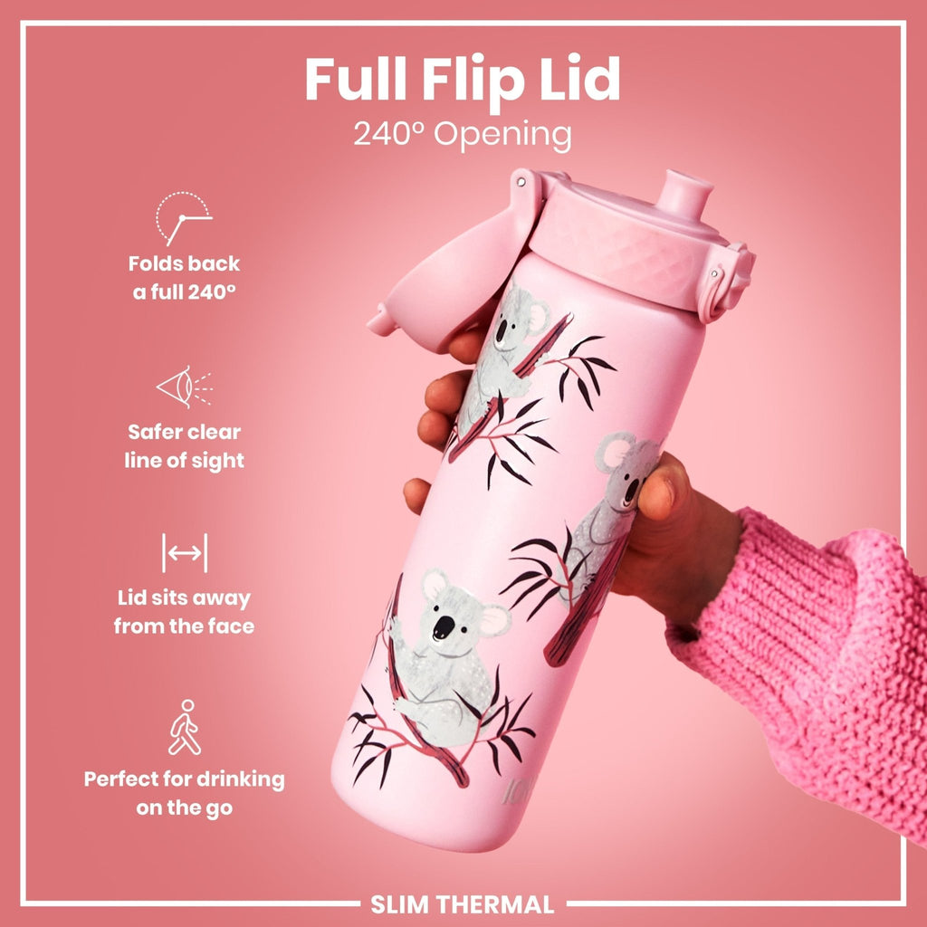ION8 Leak Proof Slim Thermal Steel Water Bottle with Koala design, 500ml insulated water bottle for hot and cold drinks.