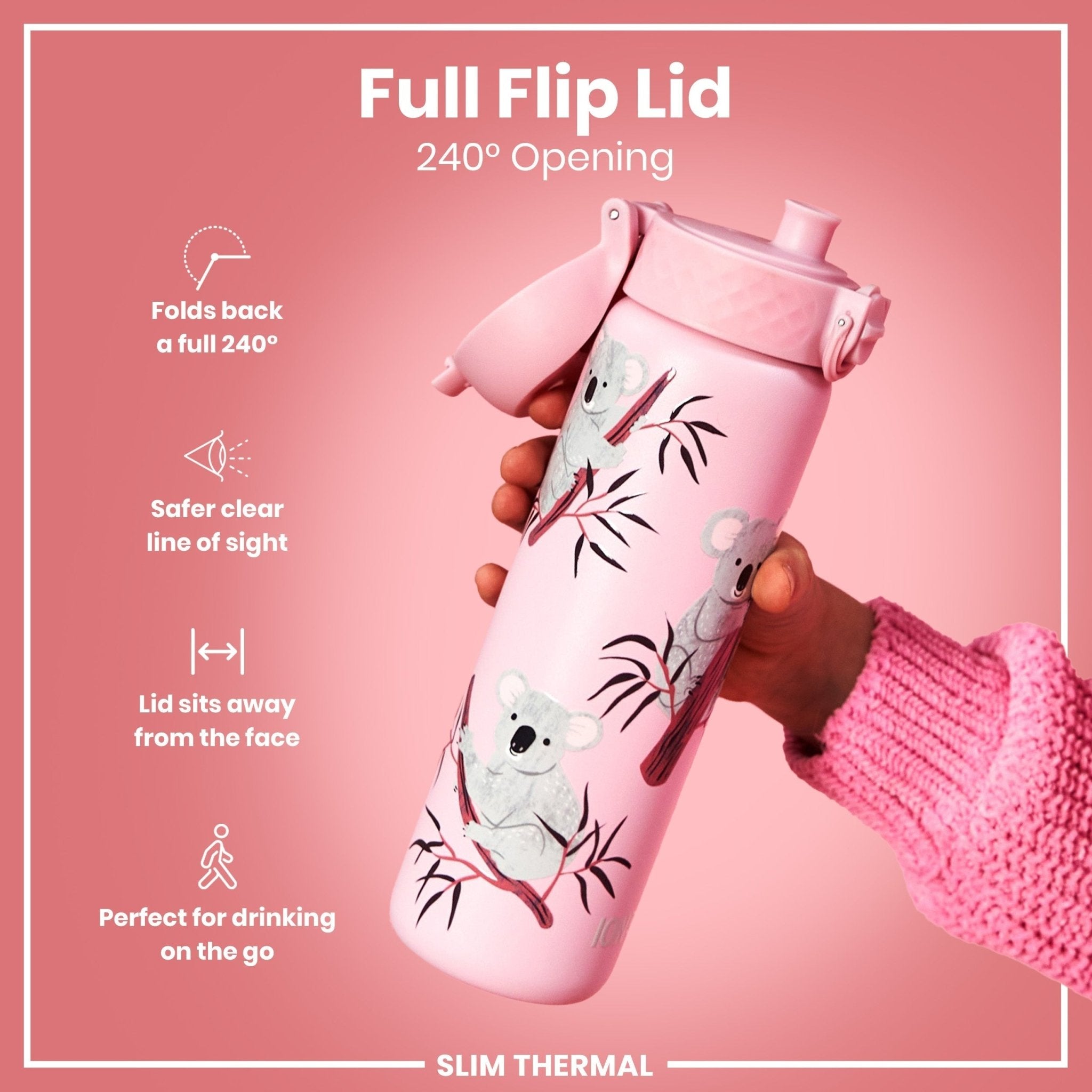 ION8 Leak Proof Slim Thermal Steel Water Bottle with Koala design, 500ml insulated water bottle for hot and cold drinks.