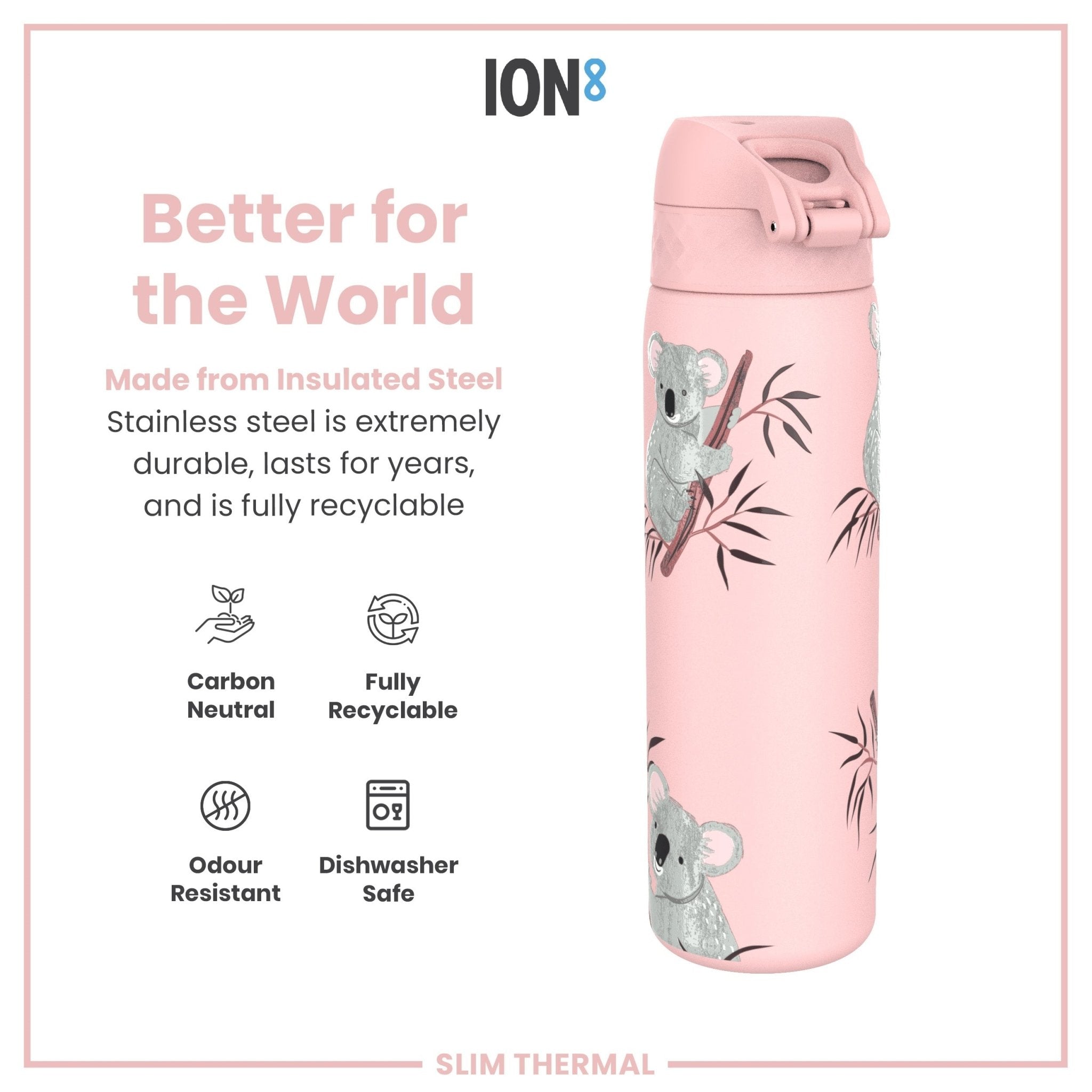 ION8 Leak Proof Slim Thermal Steel Water Bottle with koala design, 500ml insulated water bottle in stainless steel.