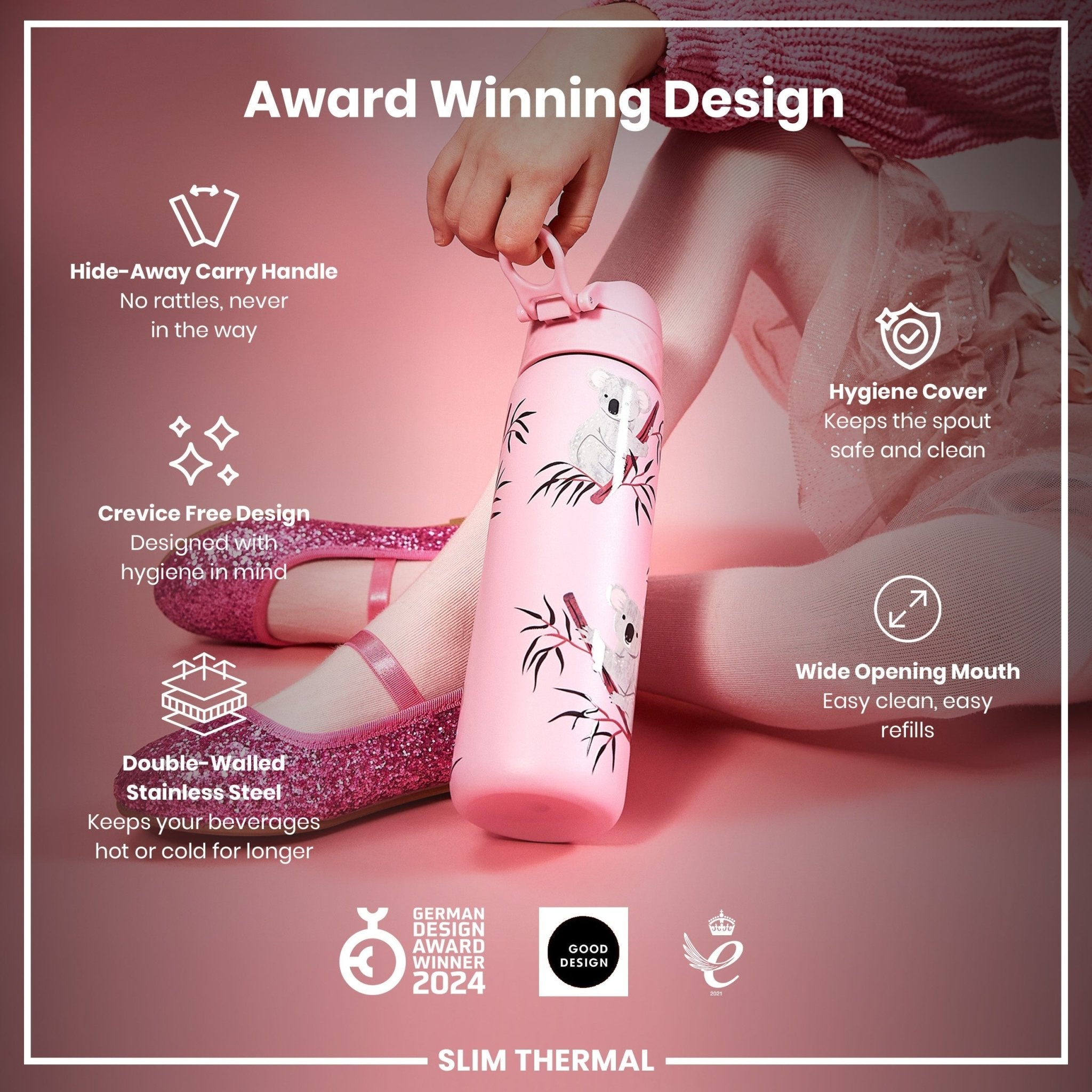 Ion8 Leak Proof Slim Thermal Steel Water Bottle with koala design, 500ml insulated water bottle, durable and portable.