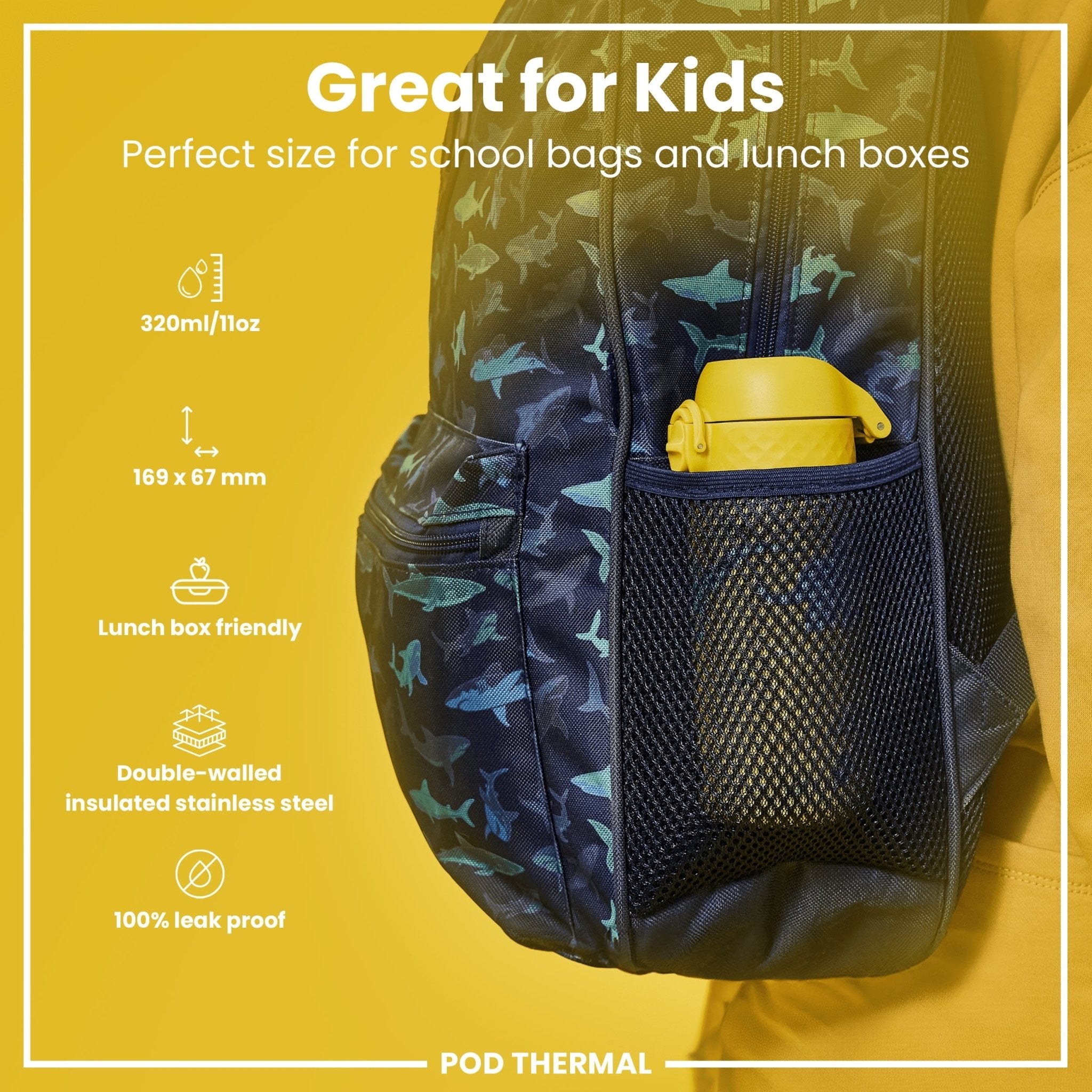 ION8 insulated steel water bottle with dinosaur design, leak-proof, thermal, 320ml capacity, durable and portable.