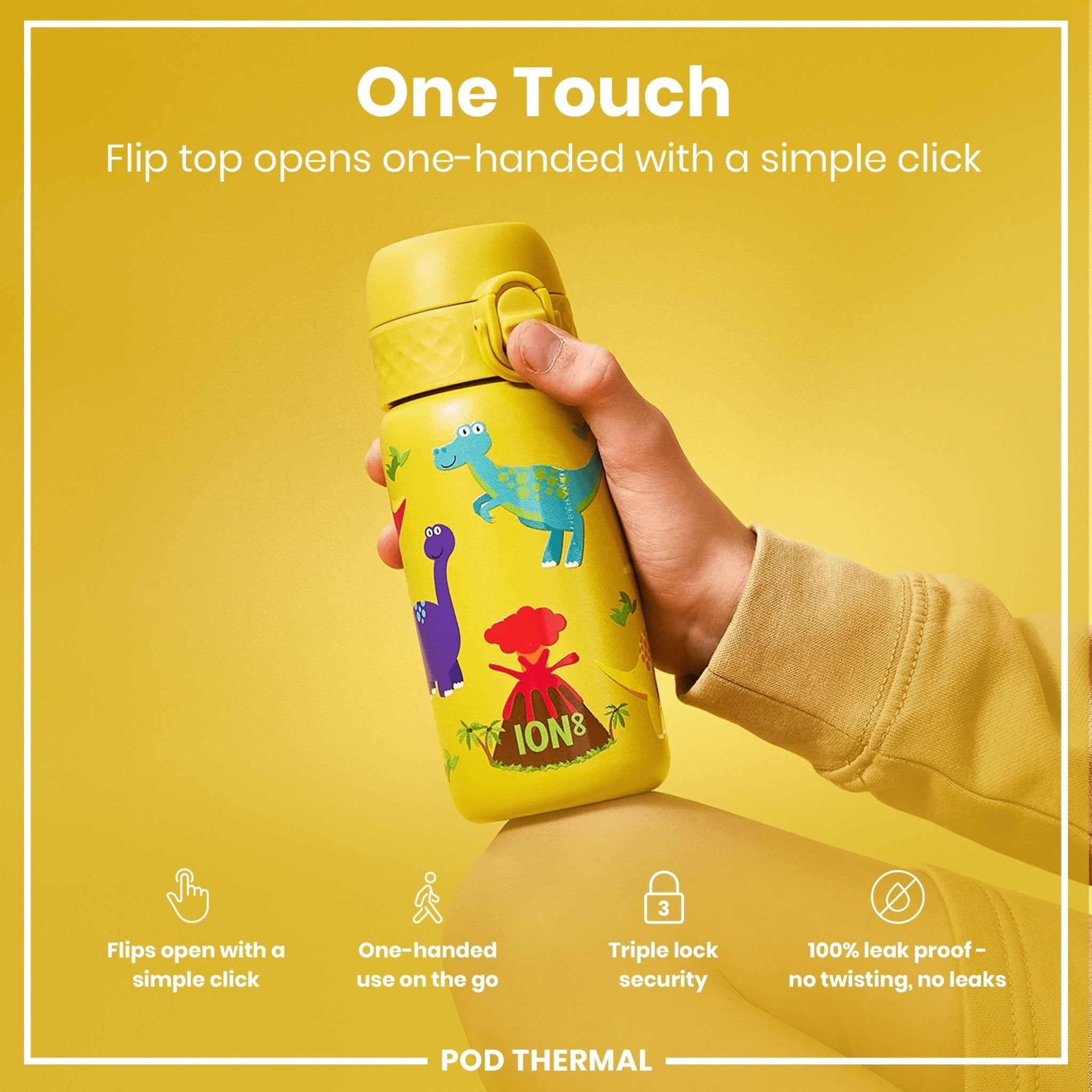 ION8 insulated steel water bottle with dinosaur design, leak-proof and thermal, 320ml capacity, ideal for keeping drinks hot or cold.