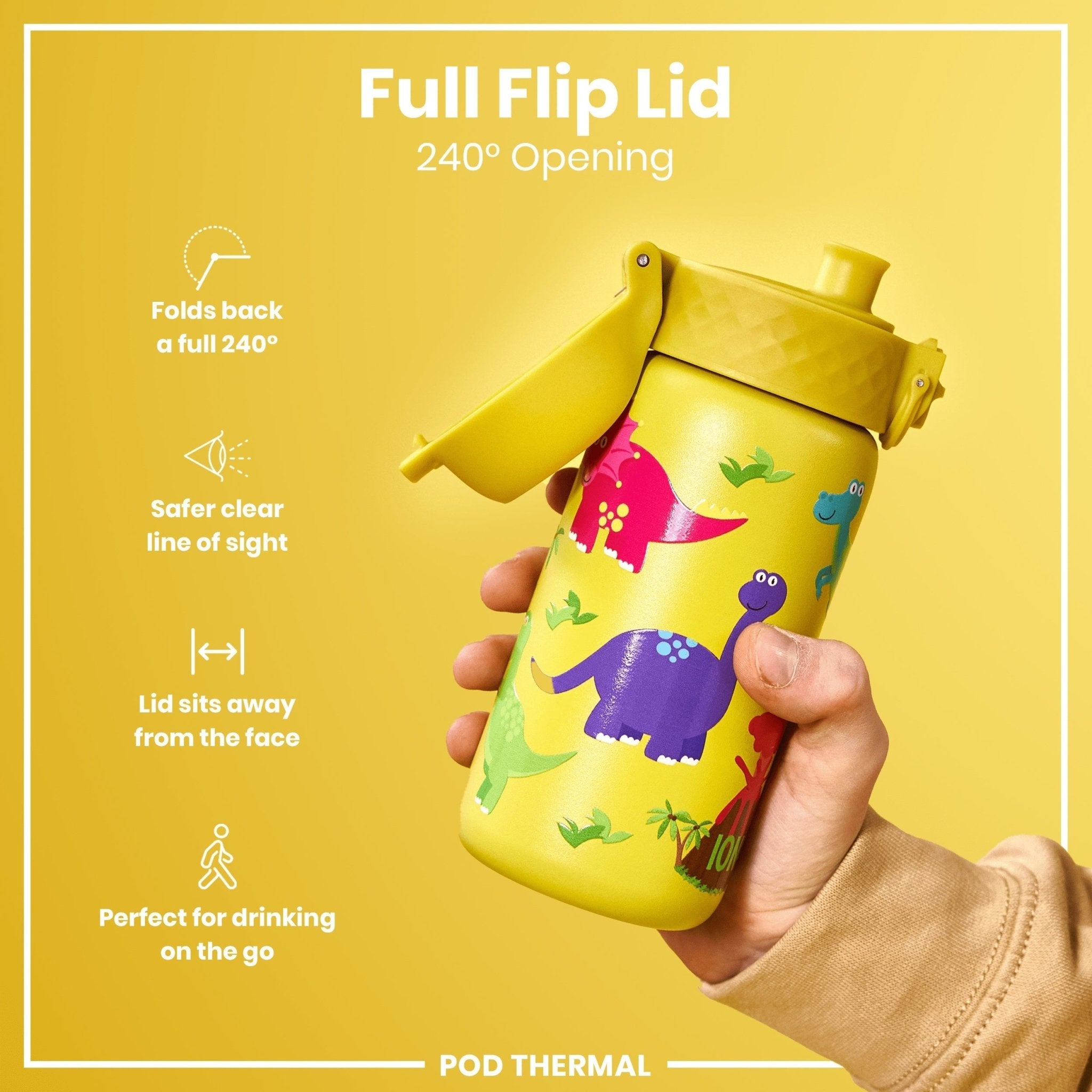 ION8 leak-proof thermal steel water bottle with dinosaur design, insulated 320ml (11oz) for hot or cold drinks.