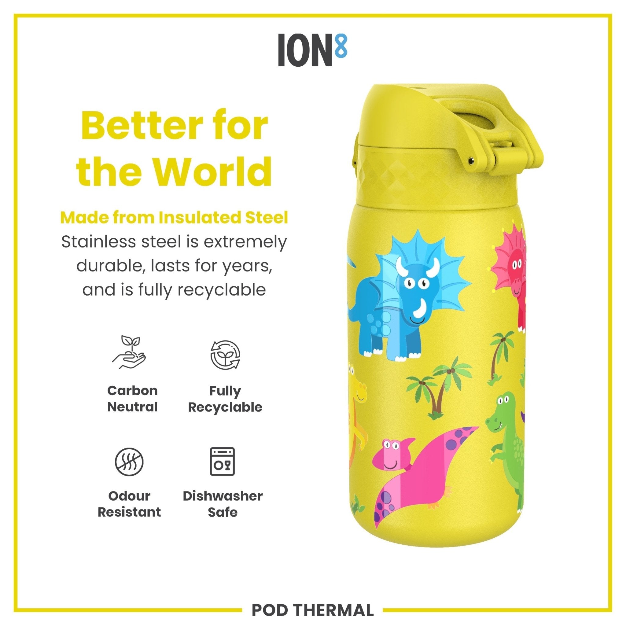 Ion8 leak-proof thermal steel water bottle with dinosaur design, insulated 320ml (11oz) for hot and cold drinks.