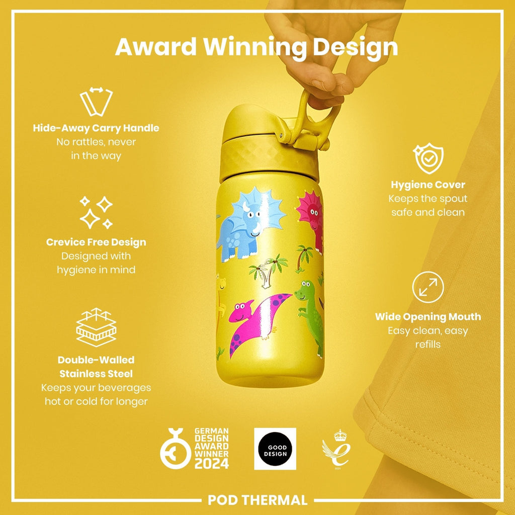 ION8 insulated steel water bottle with dinosaur design, leak-proof, 320ml thermal water bottle for hot and cold drinks