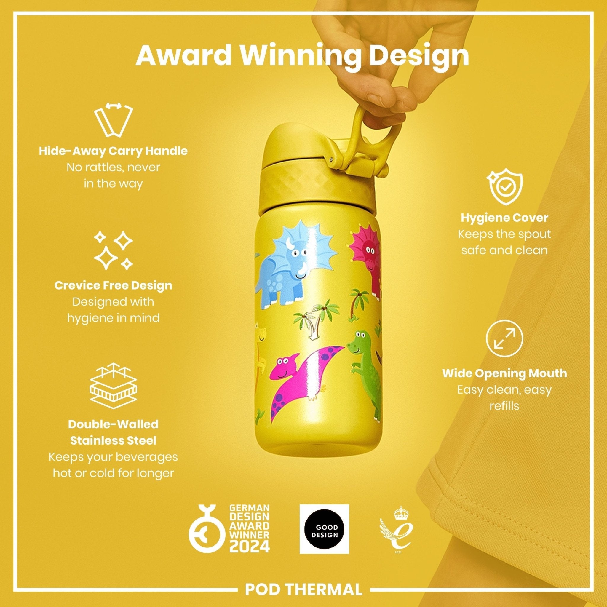 ION8 insulated steel water bottle with dinosaur design, leak-proof, 320ml thermal water bottle for hot and cold drinks