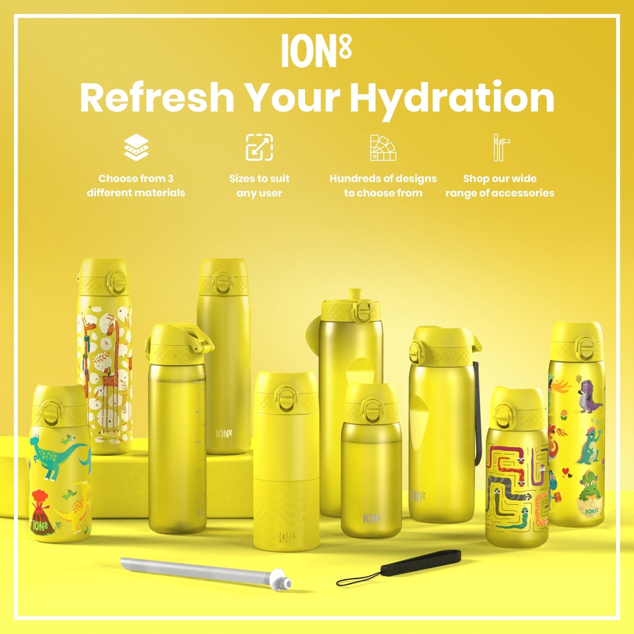 Ion8 leak-proof thermal steel water bottle with dinosaur design, insulated 320ml (11oz) for hot and cold beverages.