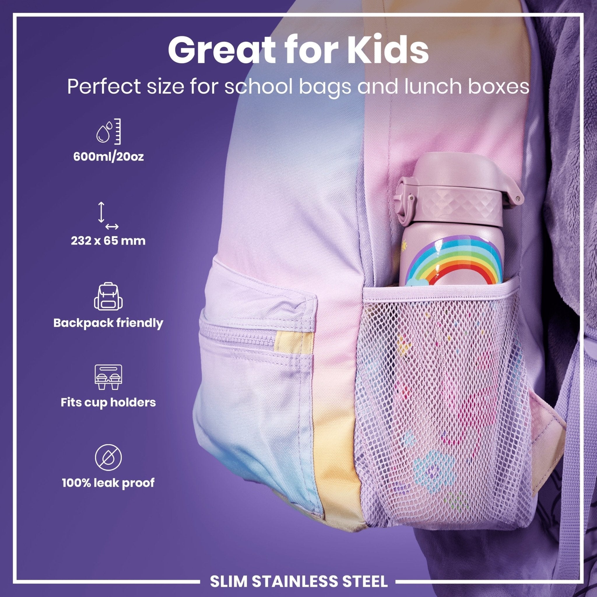 Ion8 leak-proof stainless steel water bottle with unicorn design, 600ml capacity, slim and durable for on-the-go hydration.