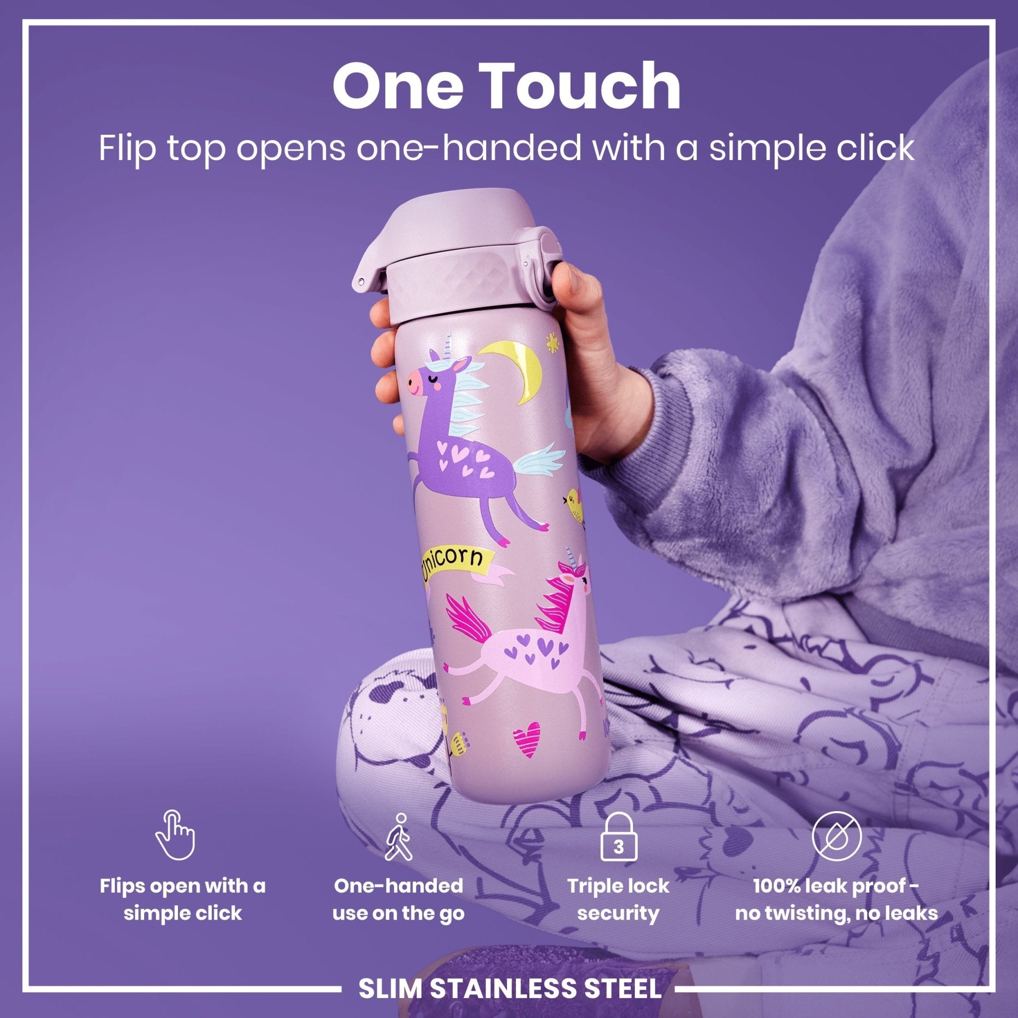 ION8 stainless steel leak-proof water bottle with unicorn design, 600ml (20oz) slim water bottle for kids and adults