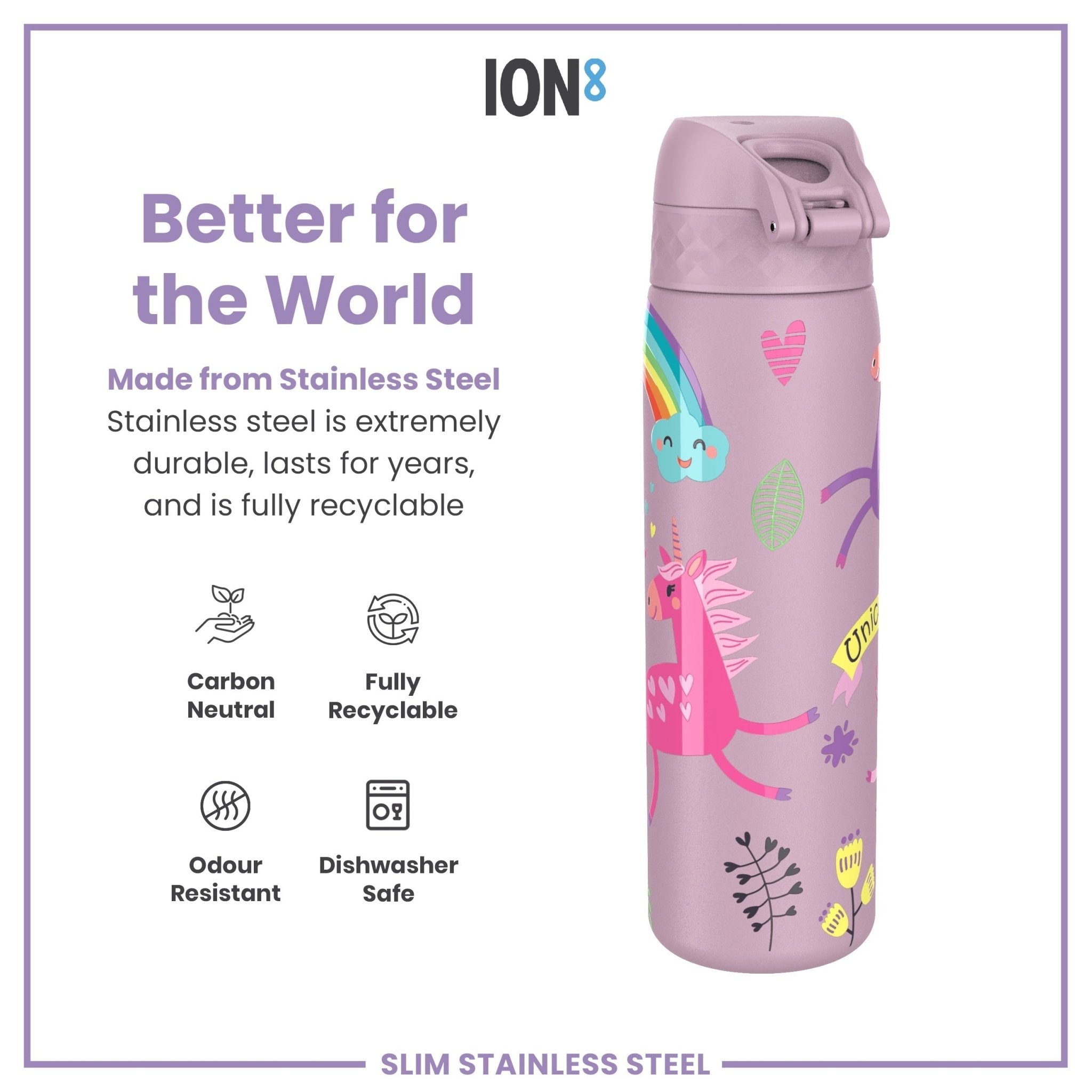 ION8 leak-proof slim stainless steel water bottle with unicorn design, 600ml (20oz) capacity for durable hydration.