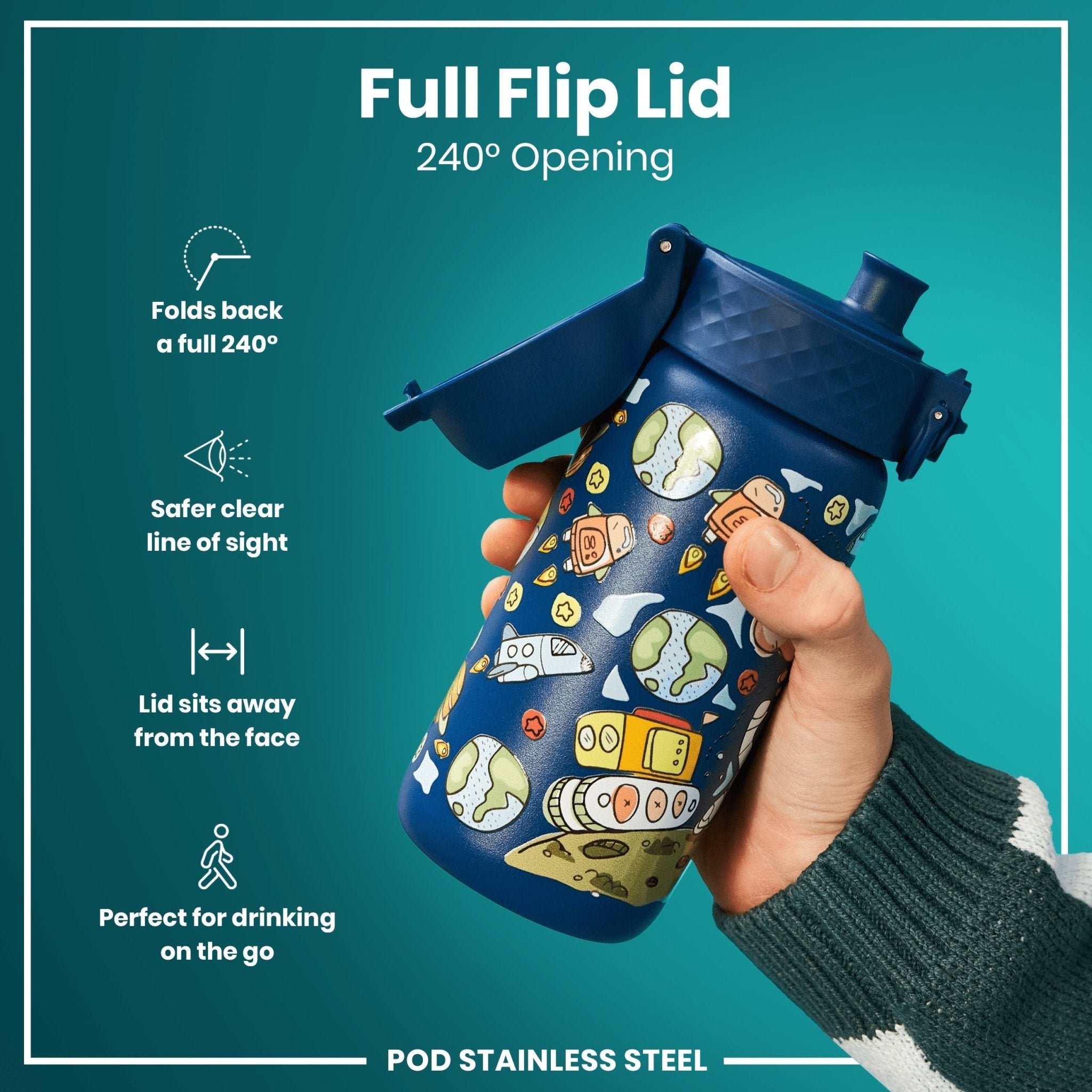 Ion8 leak-proof kids stainless steel water bottle in space design, 400ml (13oz), durable and easy to carry for children.