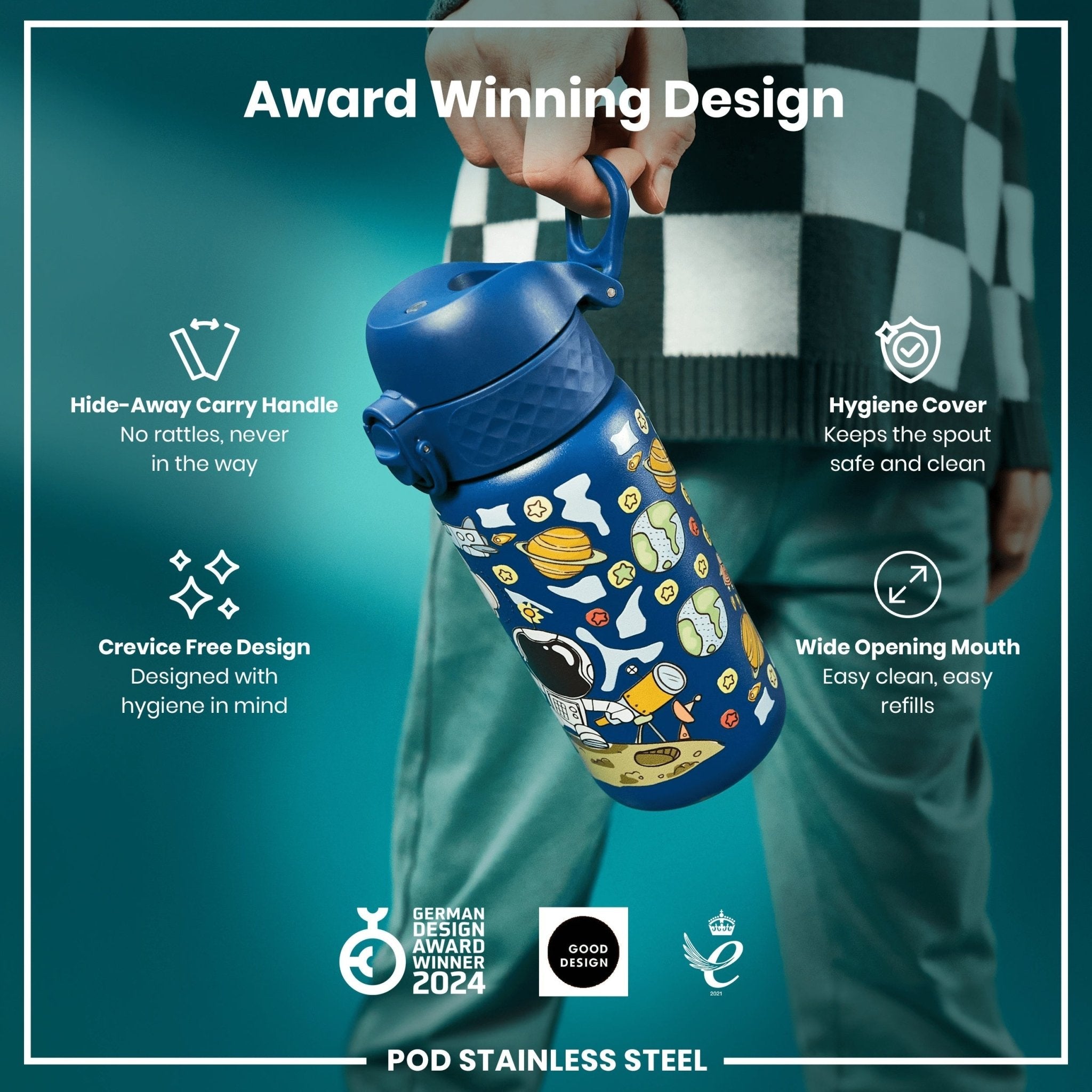 ION8 stainless steel leak-proof kids water bottle with space design, 400ml capacity, durable and easy to carry.