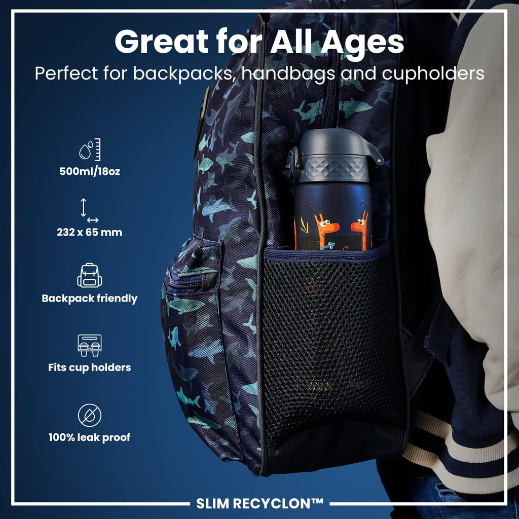 Recyclon Leak Proof Slim Water Bottle by ION8 with giraffe design, 500ml (18oz), featuring a clear body and secure lid.