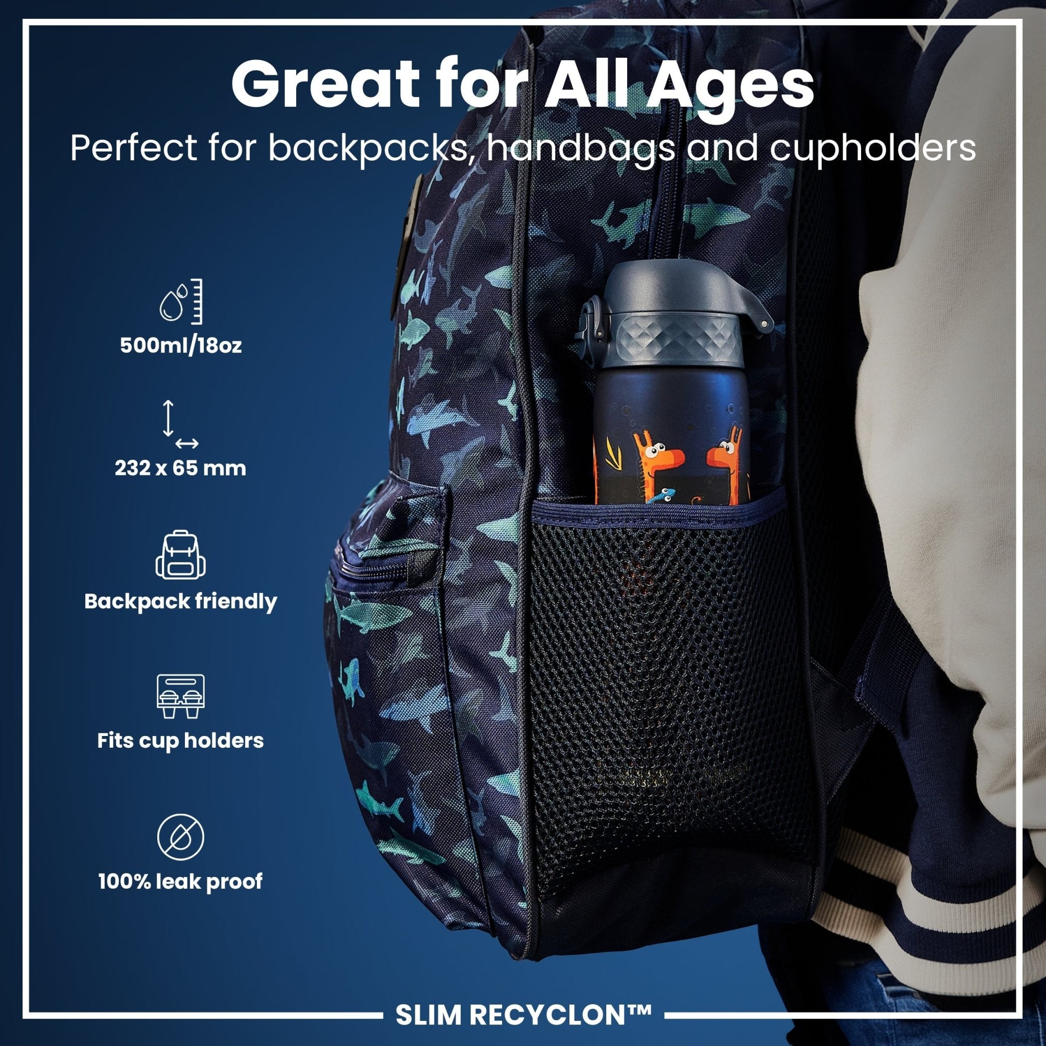 Recyclon Leak Proof Slim Water Bottle by ION8 with giraffe design, 500ml (18oz), featuring a clear body and secure lid.