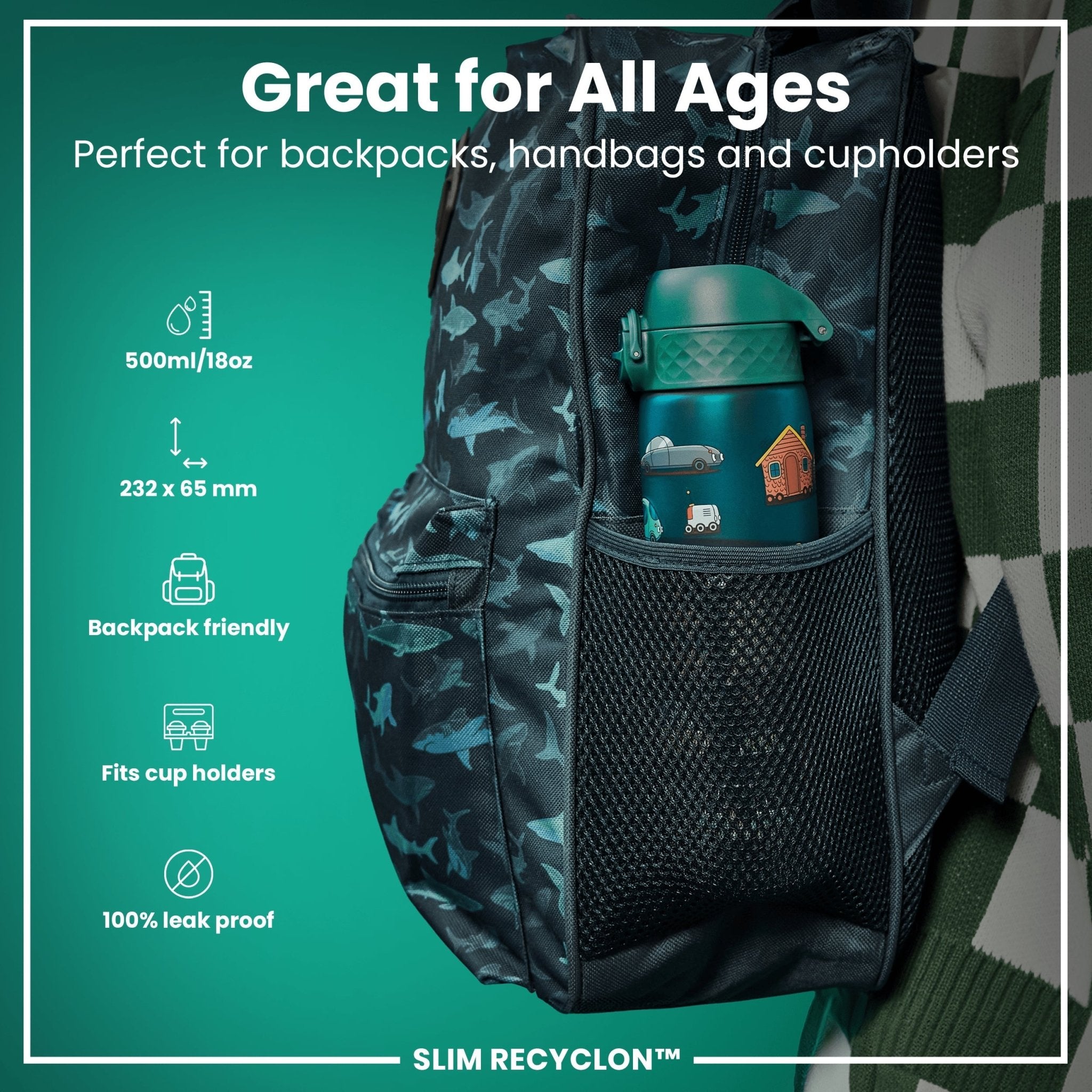 Recyclon ION8 leak-proof slim water bottle in 500ml (18oz) with a sleek design, suitable for automobile use and daily hydration.